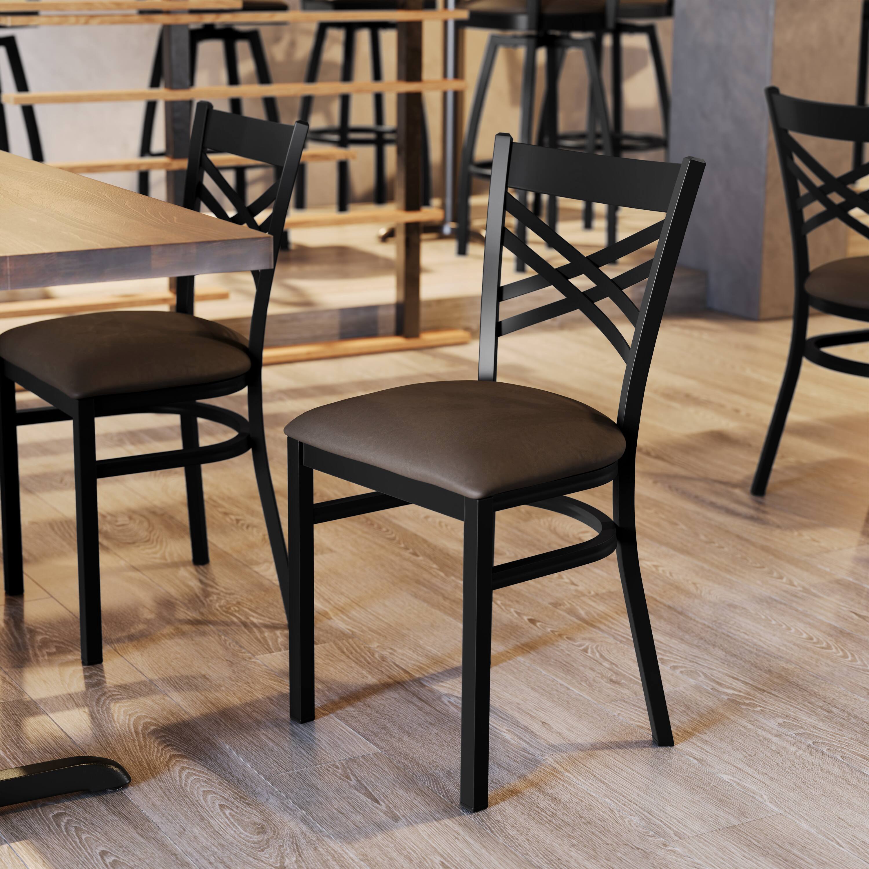 Alt View 5. Emma + Oliver - 2 Pack "X" Back Metal Restaurant Chair - Mocha Vinyl Seat/Black Metal Frame.