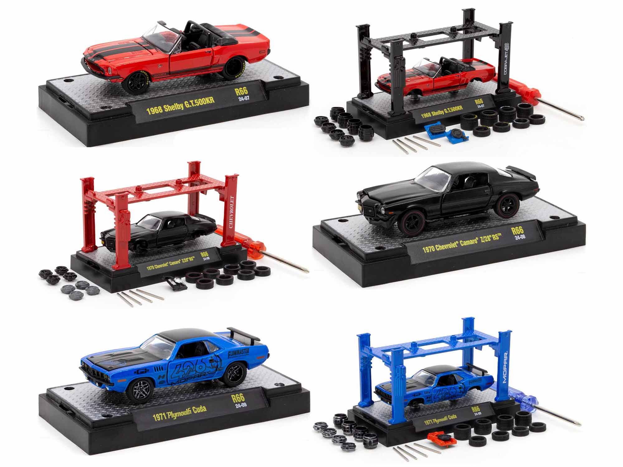 Shelby G.T.500KR 1968 R66 24-477  
Shelby 5 E.Z.500KR 1963 R66 S i R6G zr I - Chnr Camand 17  
CHEVROLET 2,728 RS" Chevrolet Camaro 1970 R66 24-08  
Plymouth Cuda 1971 ZPX Pso Cuta 1871 R66 MOPAR  

1968 Shelby G.T.500KR  
1970 Chevrolet Camaro 2728 RS  
1971 Plymouth Cuda