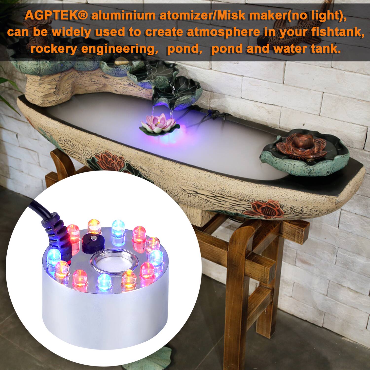 AGPTEK aluminium atomizer/Misk maker (no light), can be widely used to create atmosphere in your fishtank, rockery engineering, pond and water tank.