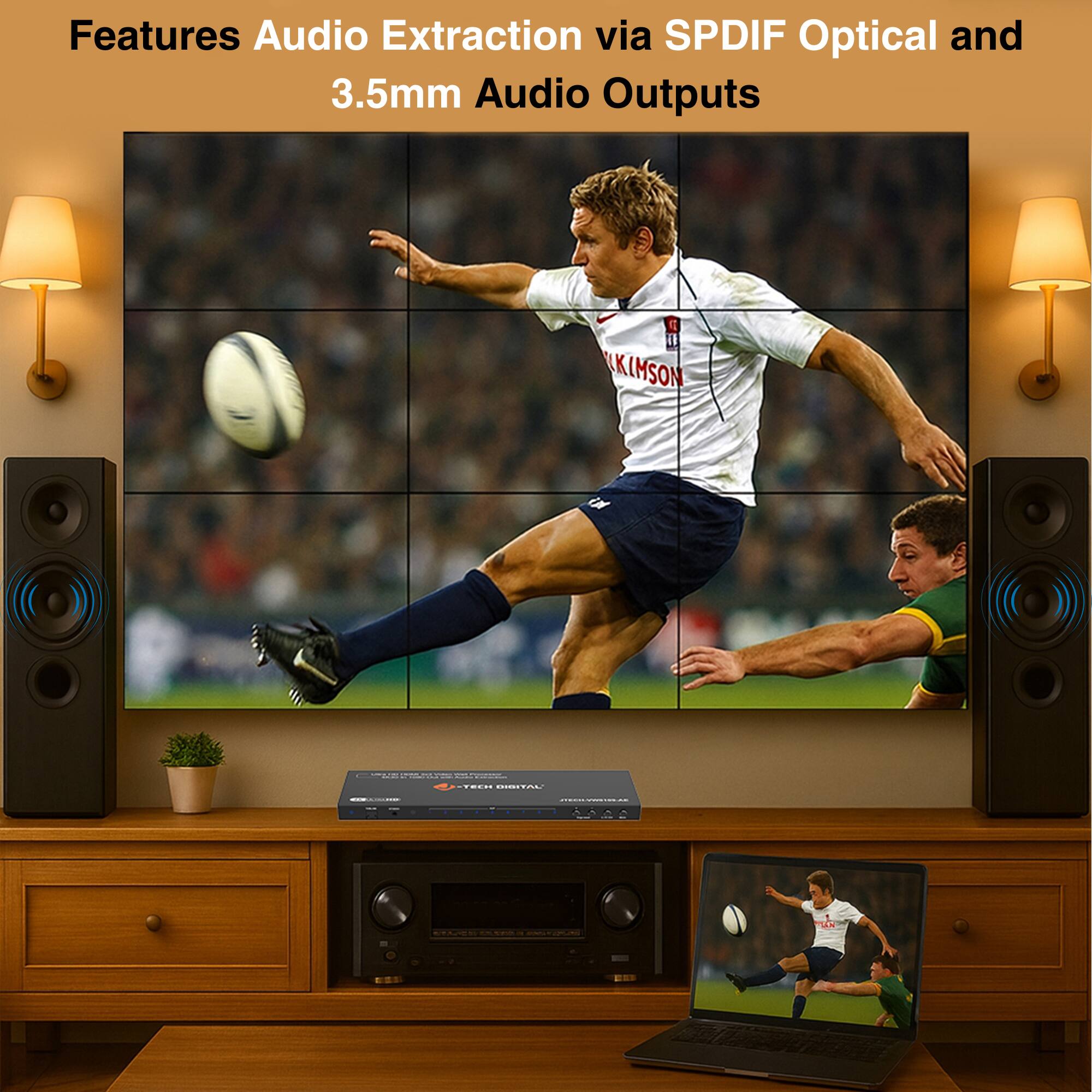 Features Audio Extraction via SPDIF Optical and 3.5mm Audio Outputs
