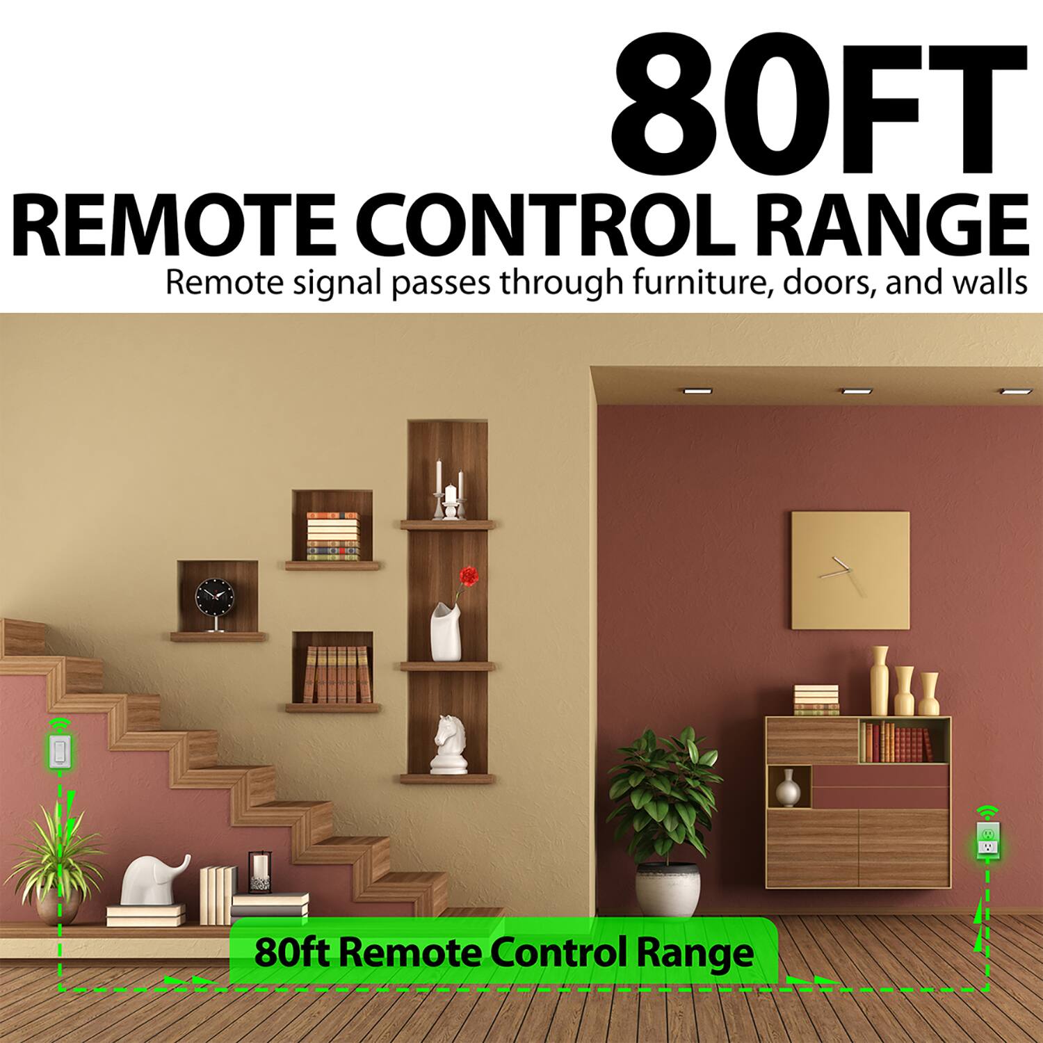 80FT REMOTE CONTROL RANGE, Remote signal passes through furniture, doors, and walls, 80ft Remote Control Range