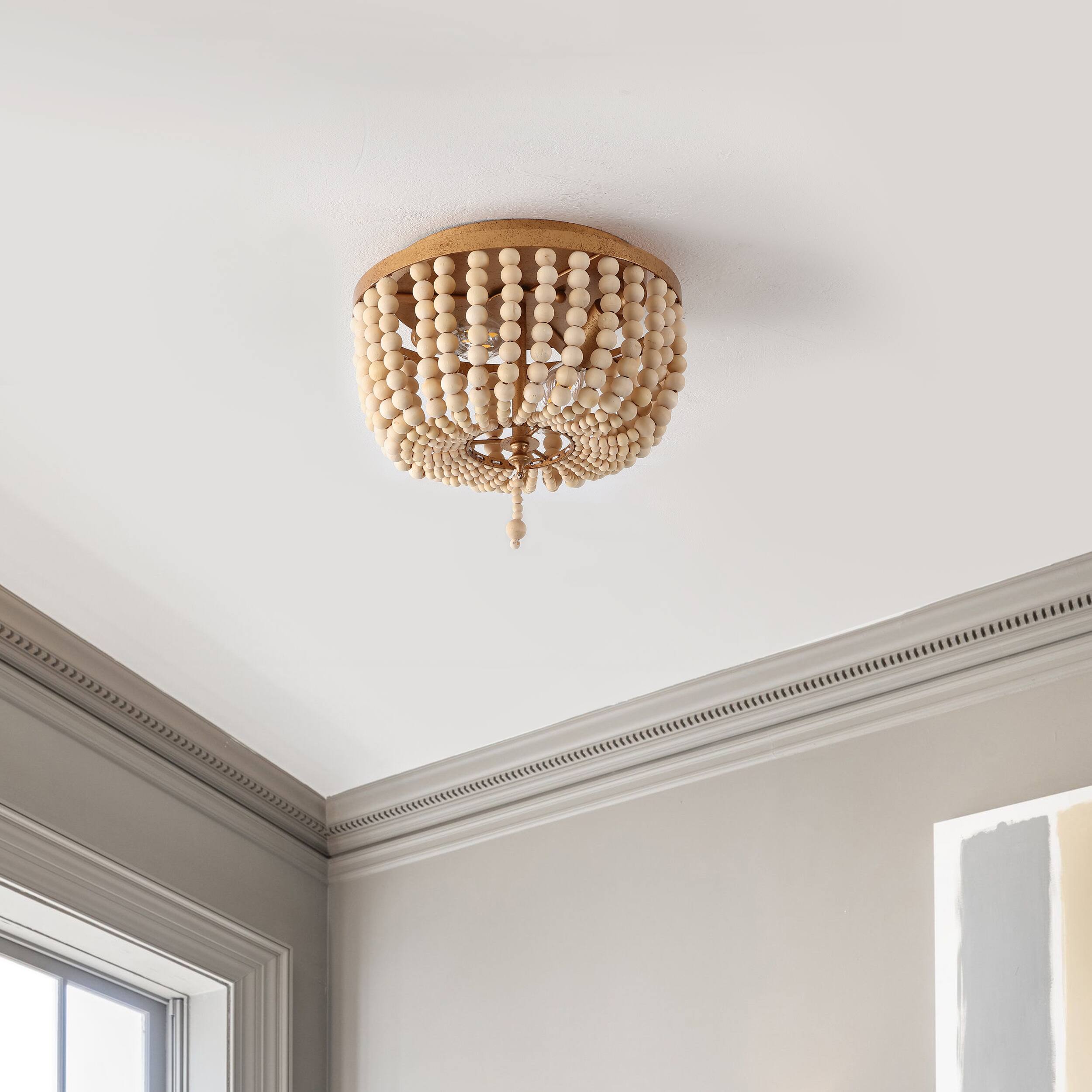 Alt View 5. Jonathan Y - Allison 10" 2-Light Shabby Chic Farmhouse Wood Beaded/Metal LED Flush Mount, Antique Gold/Cream - Antique Gold/Cream.