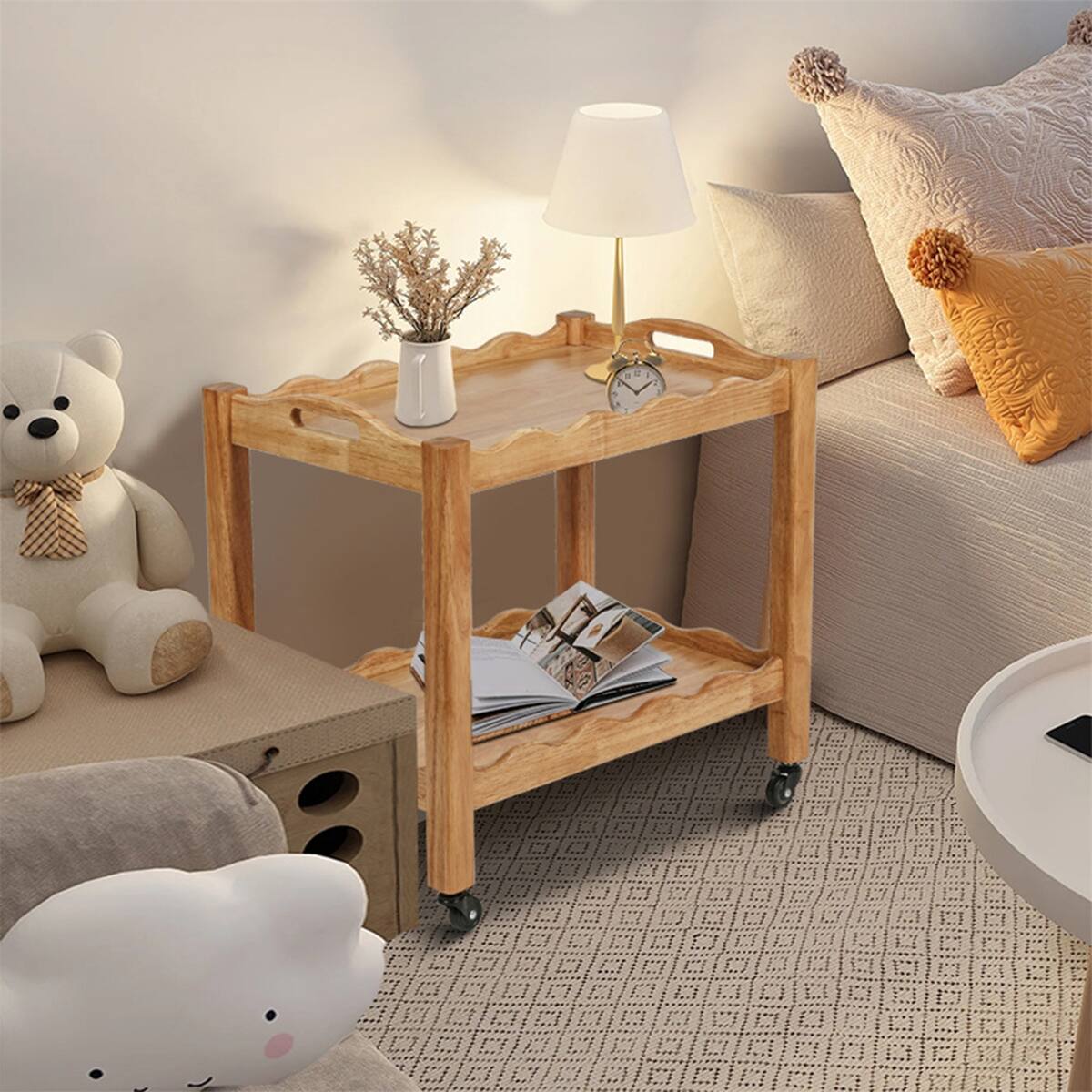 Left. Loheer - Loheer solid rubberwood rolling side table, two tier, natural wood - Natural Wood.