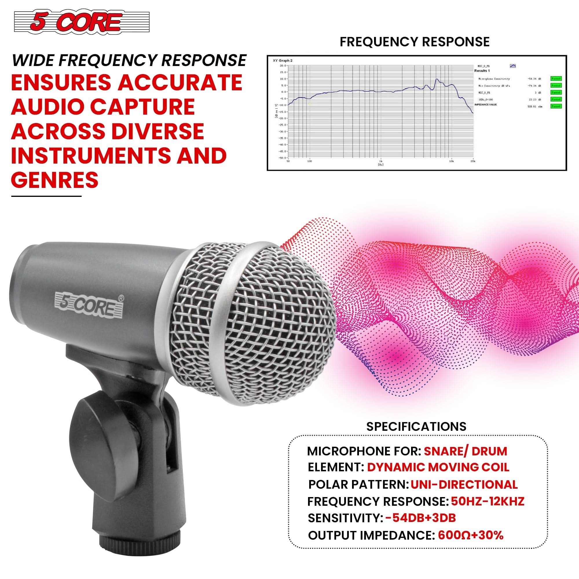 5 CORE

WIDE FREQUENCY RESPONSE  
ENSURES ACCURATE AUDIO CAPTURE  
ACROSS DIVERSE INSTRUMENTS AND GENRES

FREQUENCY RESPONSE

SPECIFICATIONS  
MICROPHONE FOR: SNARE/DRUM  
ELEMENT: DYNAMIC MOVING COIL  
POLAR PATTERN: UNI-DIRECTIONAL  
FREQUENCY RESPONSE: 50HZ-12KHZ  
SENSITIVITY: -54DB+3DB  
OUTPUT IMPEDANCE: 600Ω+30%