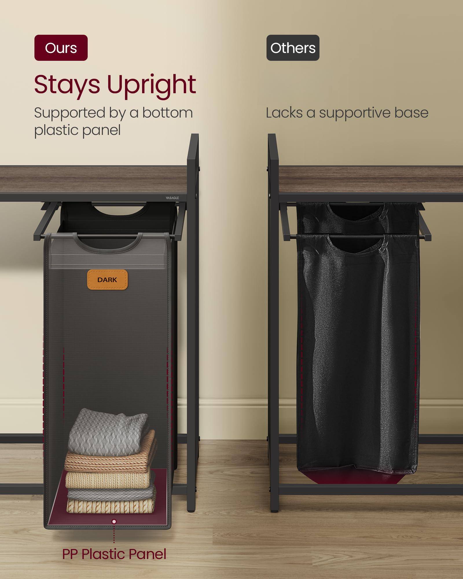 **Ours**  
Stays Upright  
Supported by a bottom plastic panel  

**Others**  
Lacks a supportive base  

**PP Plastic Panel**