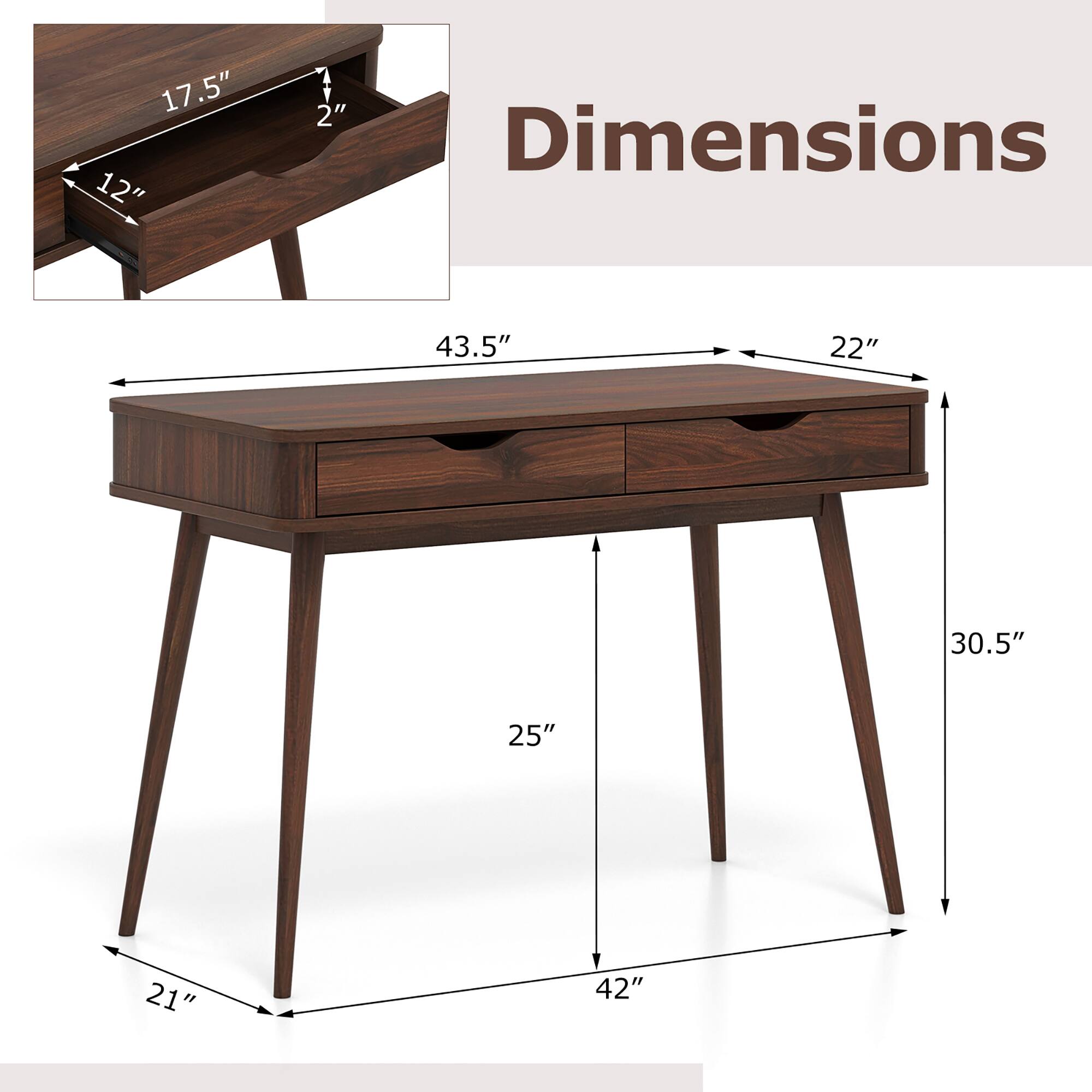 Dimensions: 43.5", 22", 30.5", 25", 21", 42", 17.5", 12", 2"