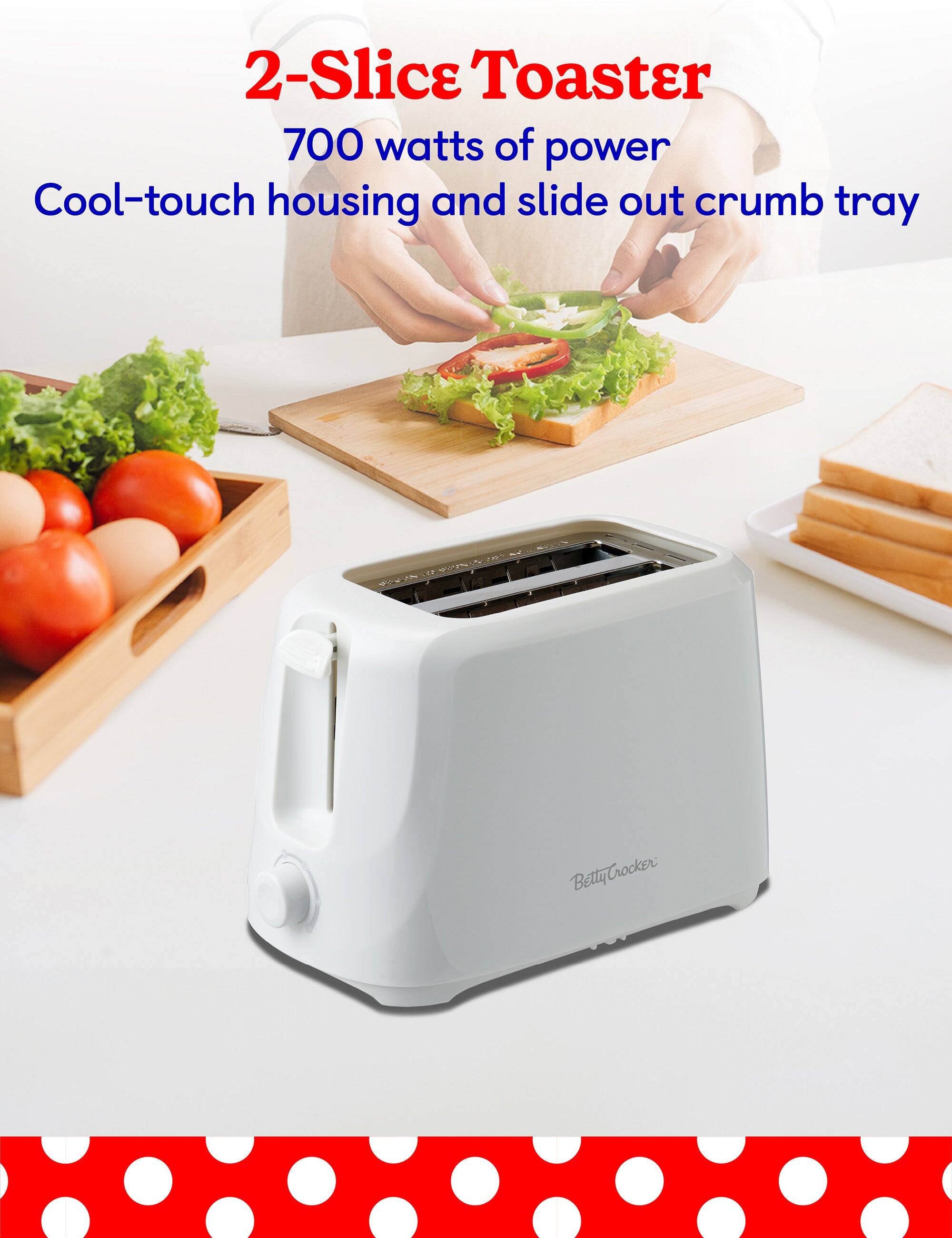 2-Slice Toaster  
700 watts of power  
Cool-touch housing and slide out crumb tray  
Betty Crocker
