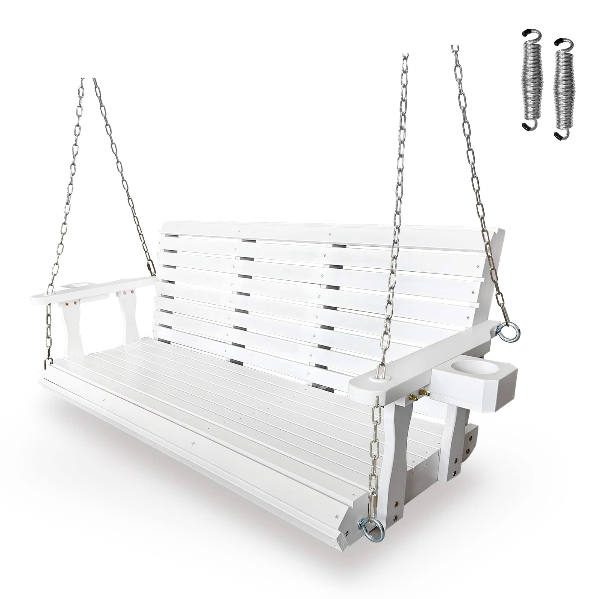 Front. Fortune Candy - Wooden 5FT Porch Swing w/Cupholders , High Back & Deep Seat, Heavy Duty 880lbs for Garden, 3-Seater - White.