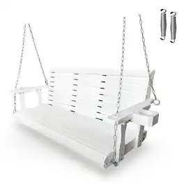 Fortune Candy - Wooden 5FT Porch Swing w/Cupholders , High Back & Deep Seat, Heavy Duty 880lbs for Garden, 3-Seater - White