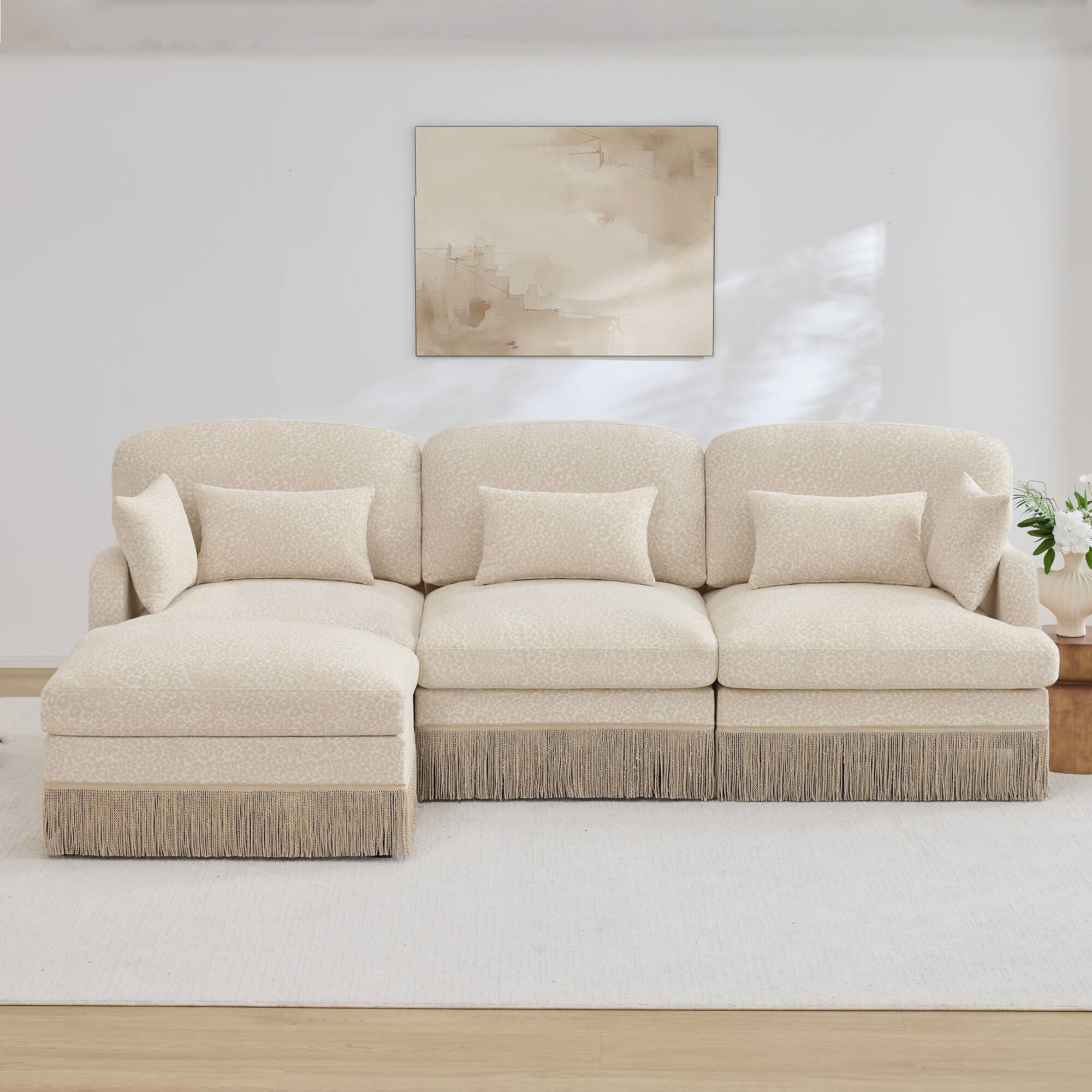 Angle. Anysun - Modern Fashion Style L-Shaped Chenille Leopard Print Sofa with Movable Ottoman & Tassel Edge, Easy Assembly, Deep Seat - Beige.