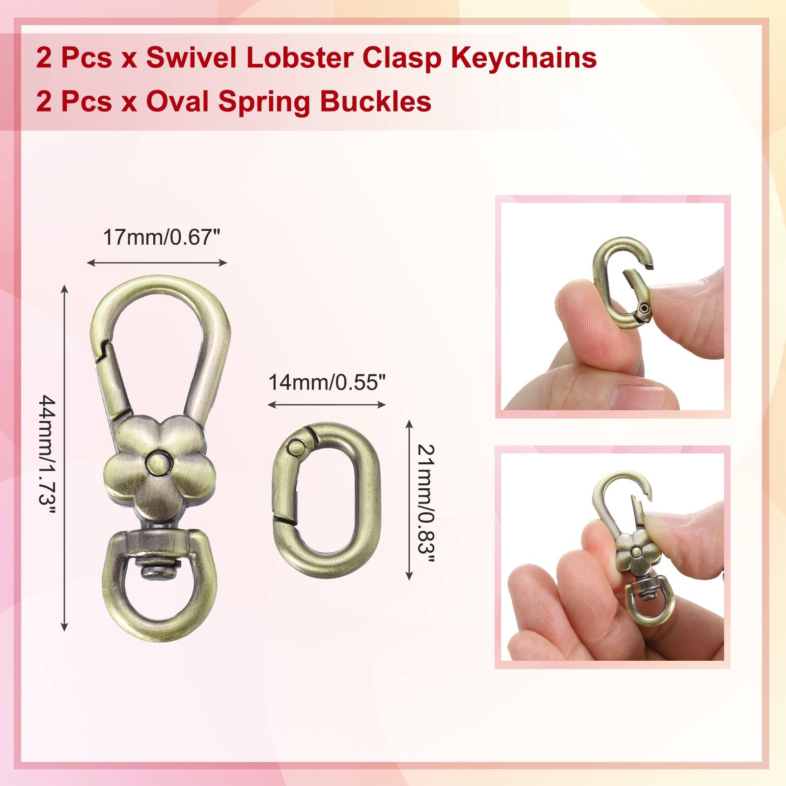 2 Pcs x Swivel Lobster Clasp Keychains  
2 Pcs x Oval Spring Buckles  
17mm/0.67"  
44mm/1.73"  
14mm/0.55"  
21mm/0.83"