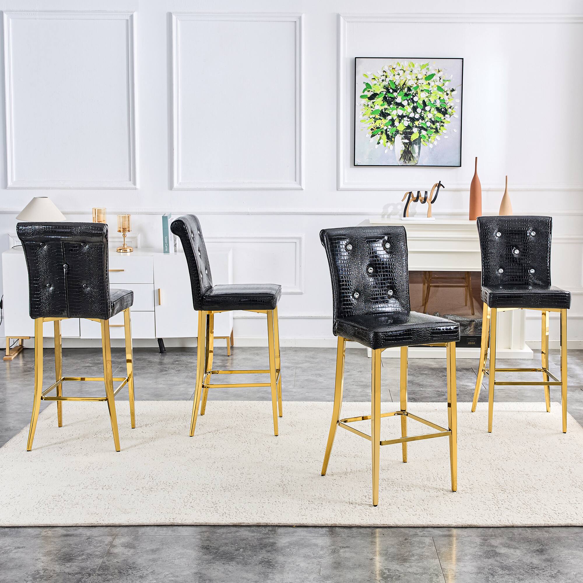 Alt View 2. Loheer - Set of 2 Vintage Bar Chairs Faux Crocodile Leather Crystal Tufted Stools 21.3x17x45 in - Black.