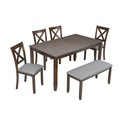 Alt View 4. LUCKY ONE - 6-Piece Dining Set with 58.5" Rectangular Dining Table, Bench and 4 X-shaped backrest Chairs - Walnut.
