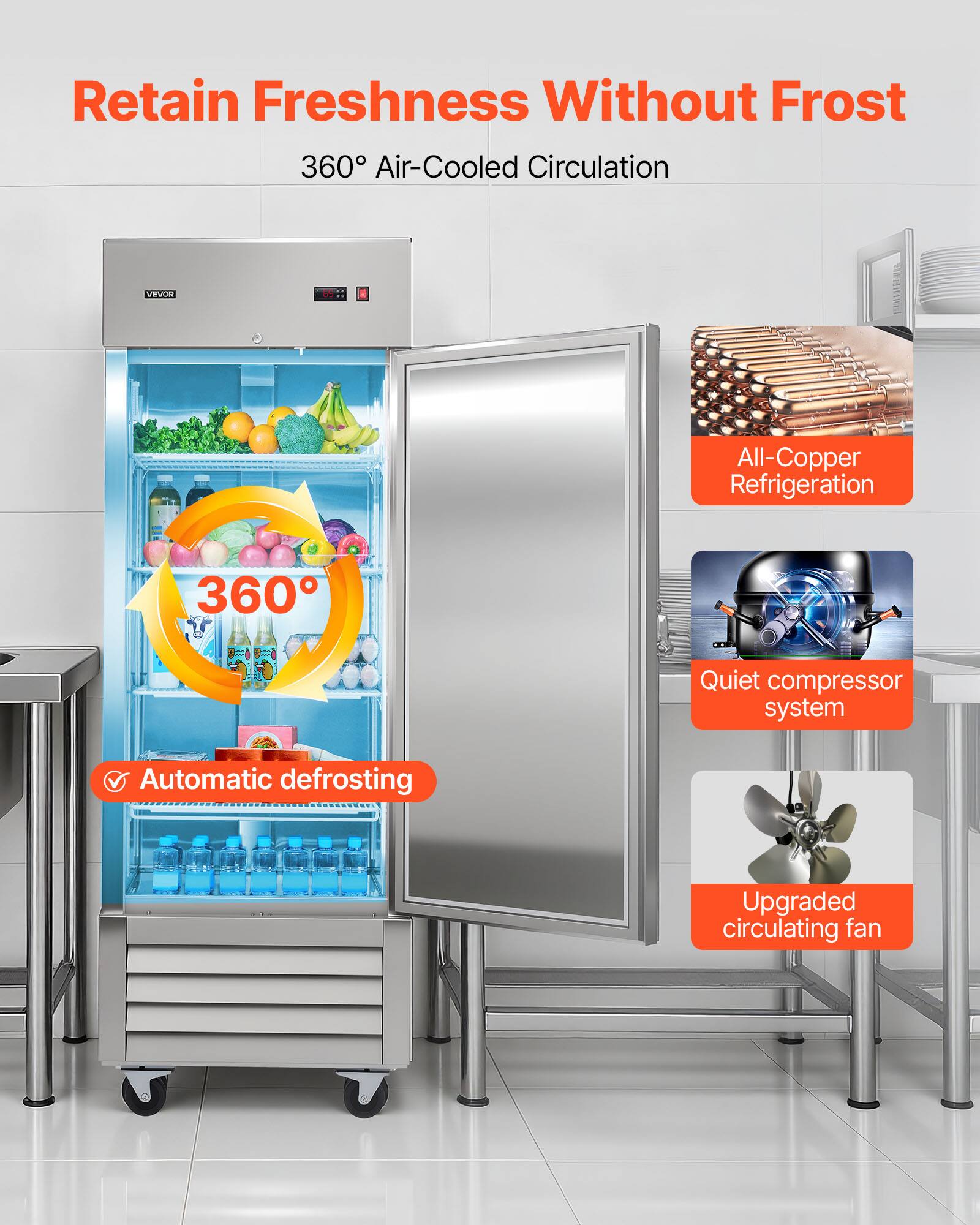 Retain Freshness Without Frost  
360° Air-Cooled Circulation  

- All-Copper Refrigeration  
- Quiet compressor system  
- Automatic defrosting  
- Upgraded circulating fan