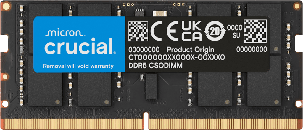 Micron Crucial  
Removal will void warranty  
DDR5 CSODIMM  
CE UK CA 20  
0000 SU  
Product Origin 00000000  
CT0000XX000X-00XXX0