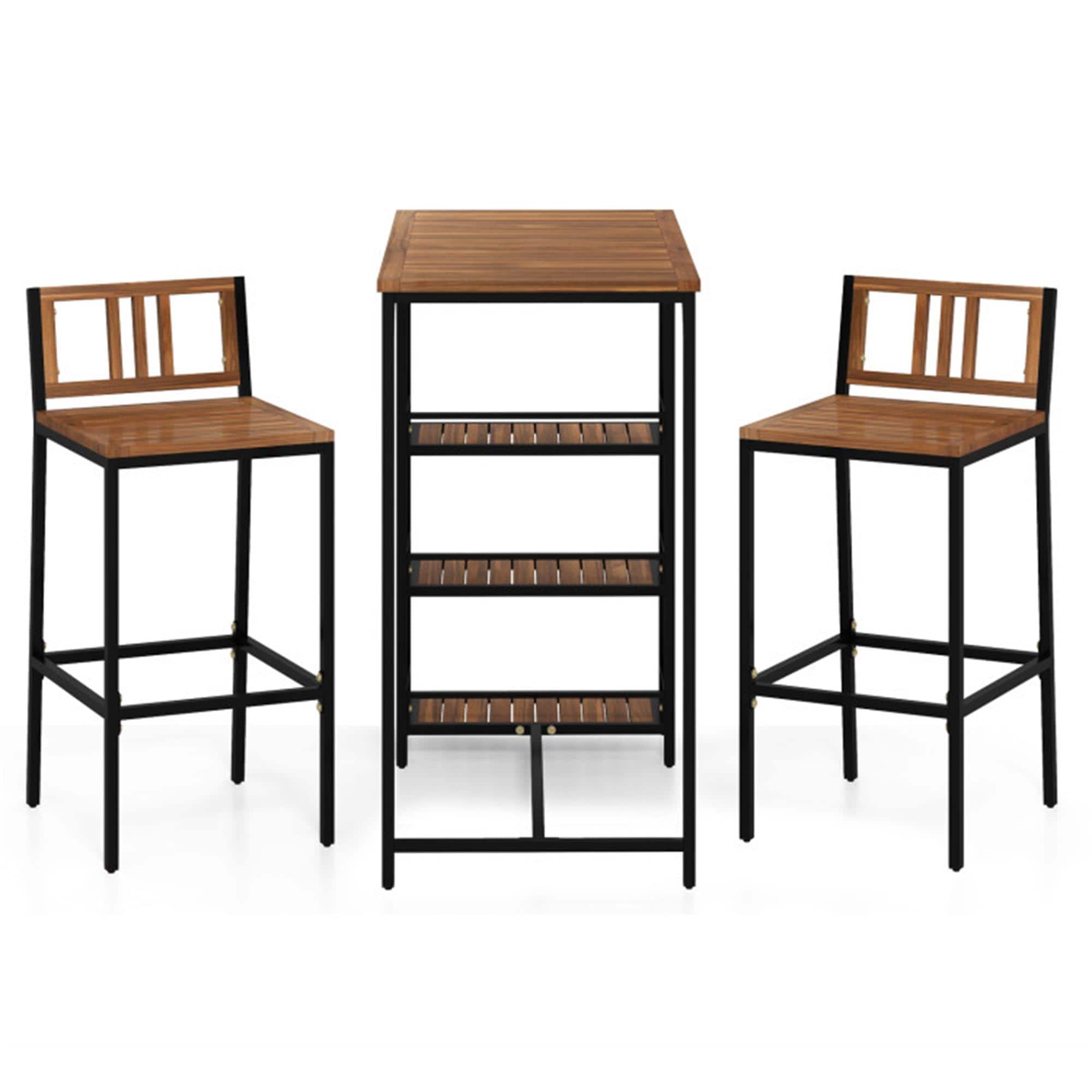 Boyel Living - 3Piece Wood Bar Set HeavyDuty Metal Frame Solid Wood Table Top 3Tier Storage Shelf Outdoor Living Spaces - Brown
