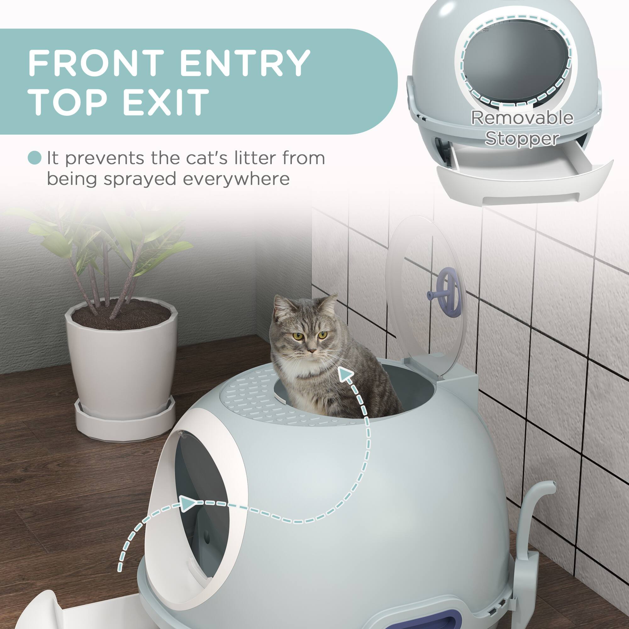 FRONT ENTRY TOP EXIT

It prevents the cat's litter from being sprayed everywhere

Removable Stopper