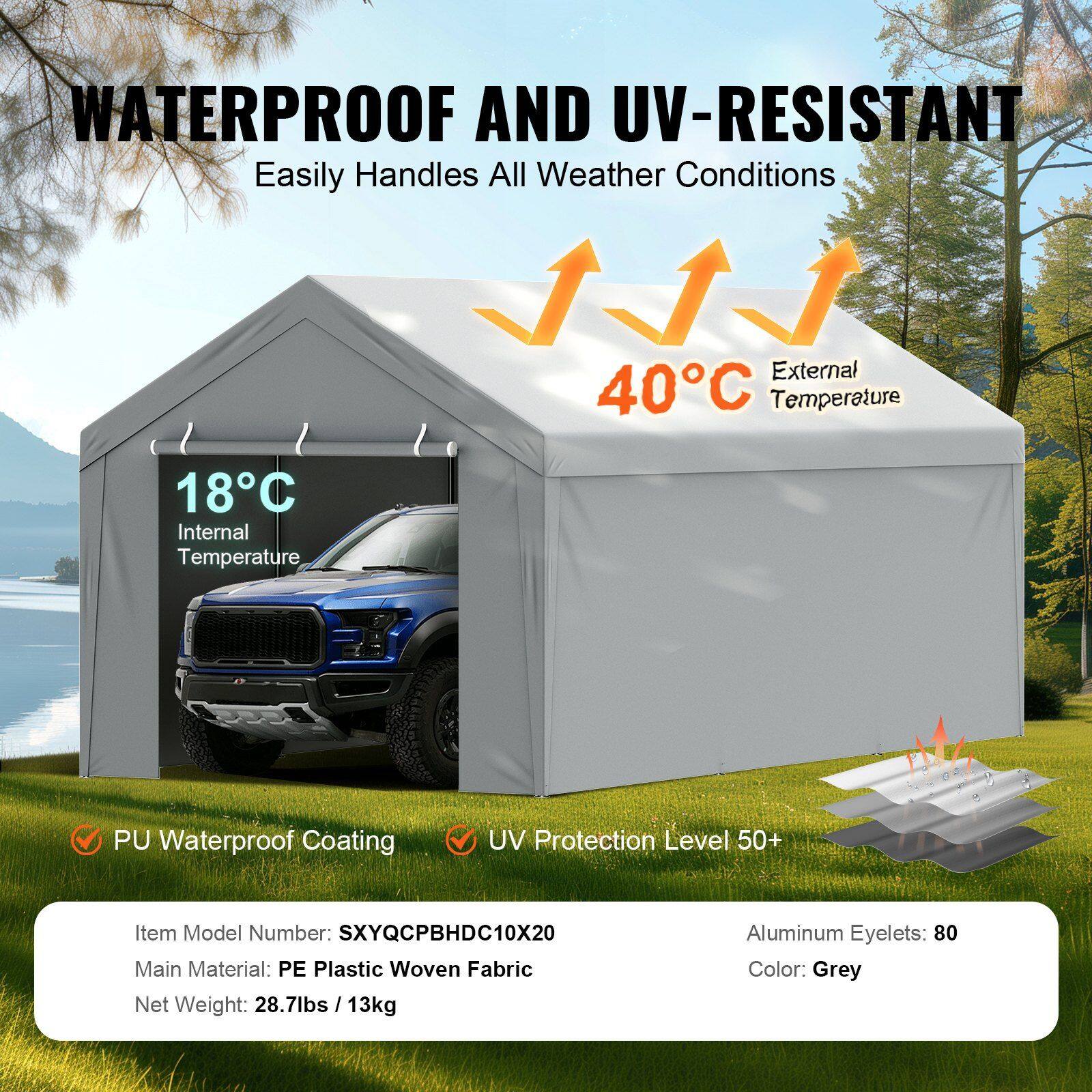 WATERPROOF AND UV-RESISTANT  
Easily Handles All Weather Conditions  

18°C Internal Temperature  
40°C External Temperature  

PU Waterproof Coating  
UV Protection Level 50+  

Item Model Number: SXYQCPBHDC10X20  
Main Material: PE Plastic Woven Fabric  
Net Weight: 28.7lbs / 13kg  
Aluminum Eyelets: 80  
Color: Grey