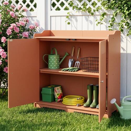 Alt View 9. Winado - Storage Cabinet PVC 2-in-1 Workstation, Patio Storage Box with Shelf, Doors for Indoor Outdoor Garden Balcony Garage - Brown.