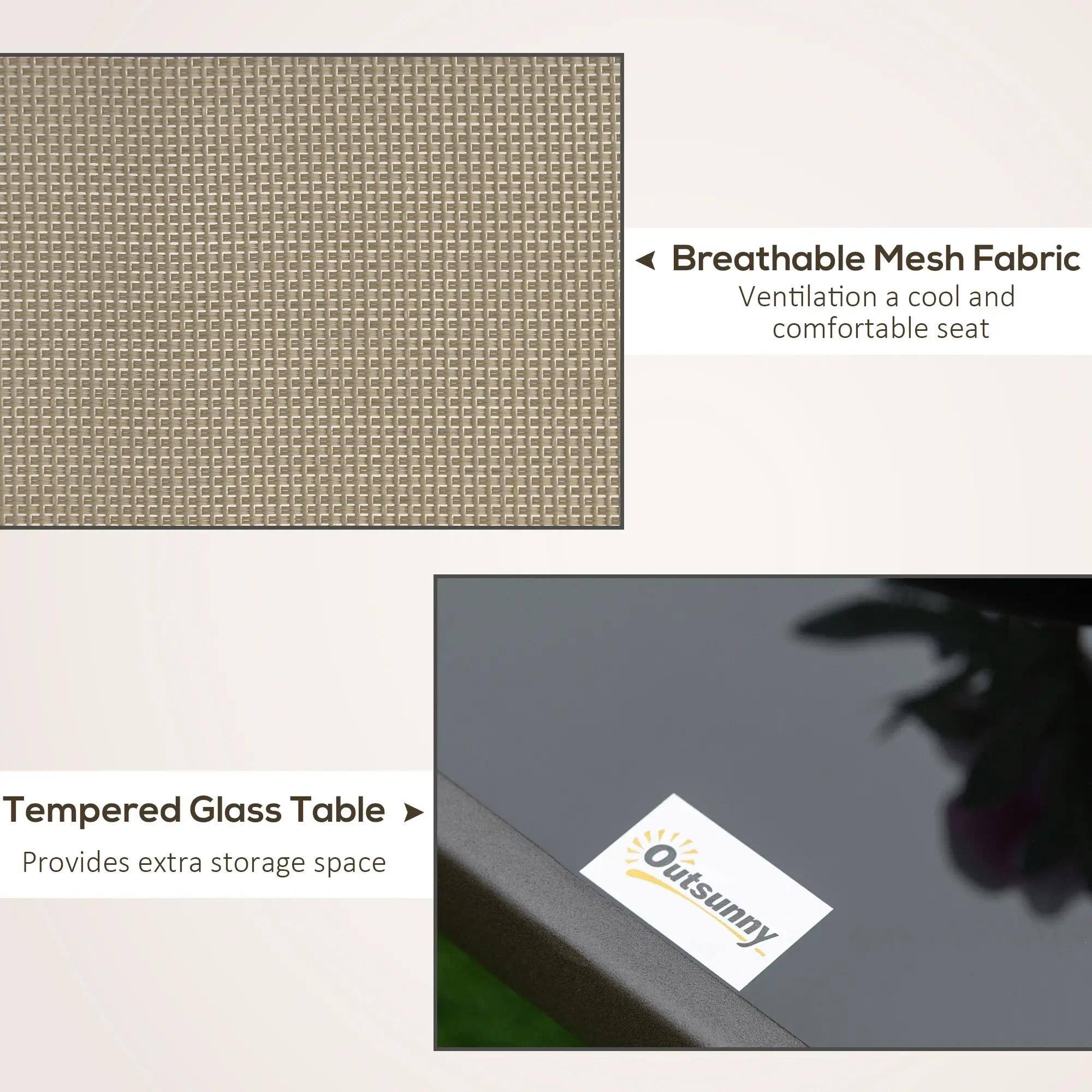Breathable Mesh Fabric  
Ventilation a cool and comfortable seat  

Tempered Glass Table  
Provides extra storage space  

Outsunny