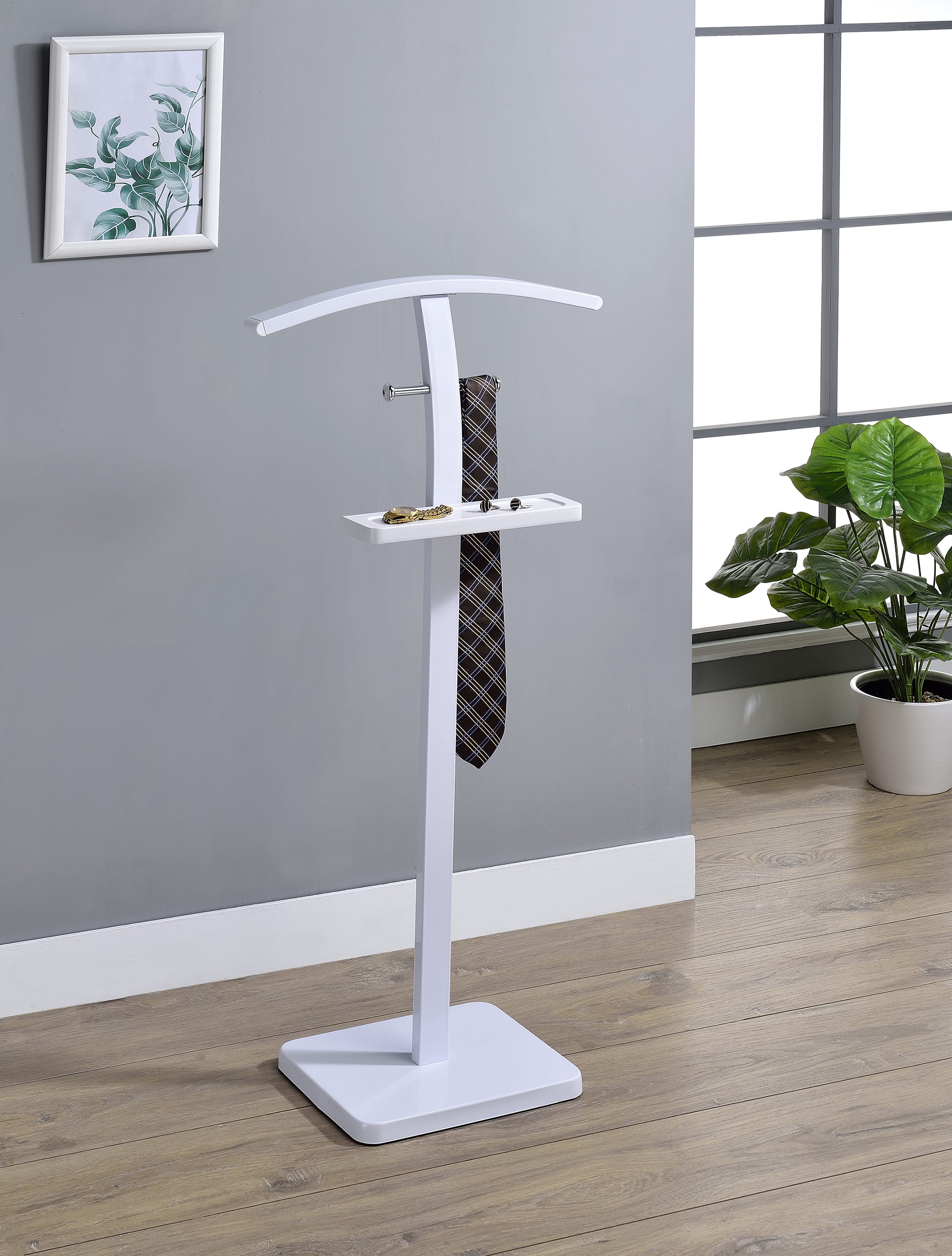 Kings Brand Furniture - Freestanding Clothing Valet Rack Stand, Metal & Wood Suit Rack with Clothing Bar, Accessory Tray - White