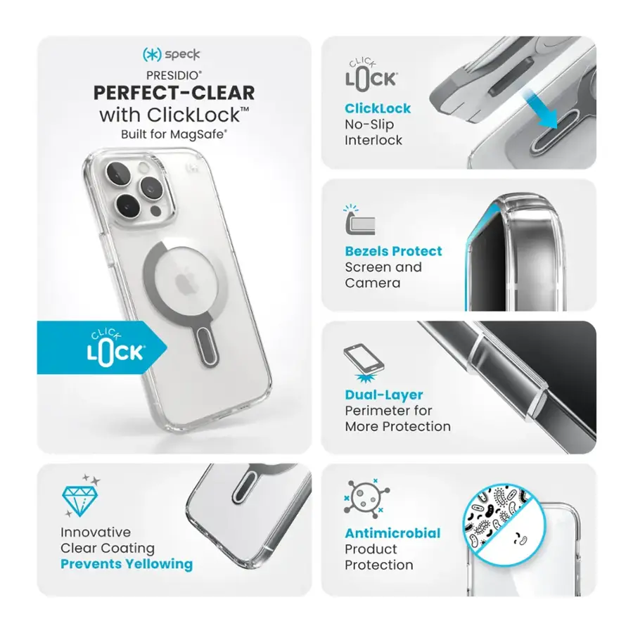 Speck Presidio Perfect-Clear with ClickLock: Built for MagSafe, ClickLock No-Slip Interlock Bezels, Protect Screen and Camera, Dual-Layer Perimeter for More Protection, Innovative Clear Coating Prevents Yellowing, Antimicrobial Product Protection.