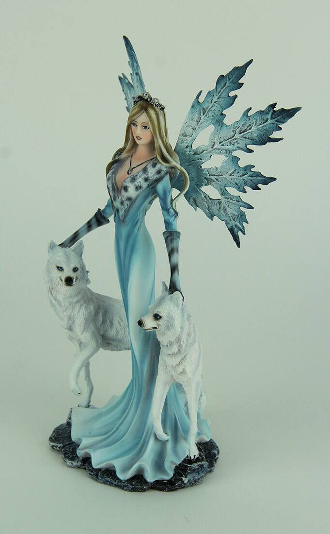 Alt View 1. Everspring Import Co. - Blue Ice Fairy Standing With Winter White Wolves Statue - Blue.