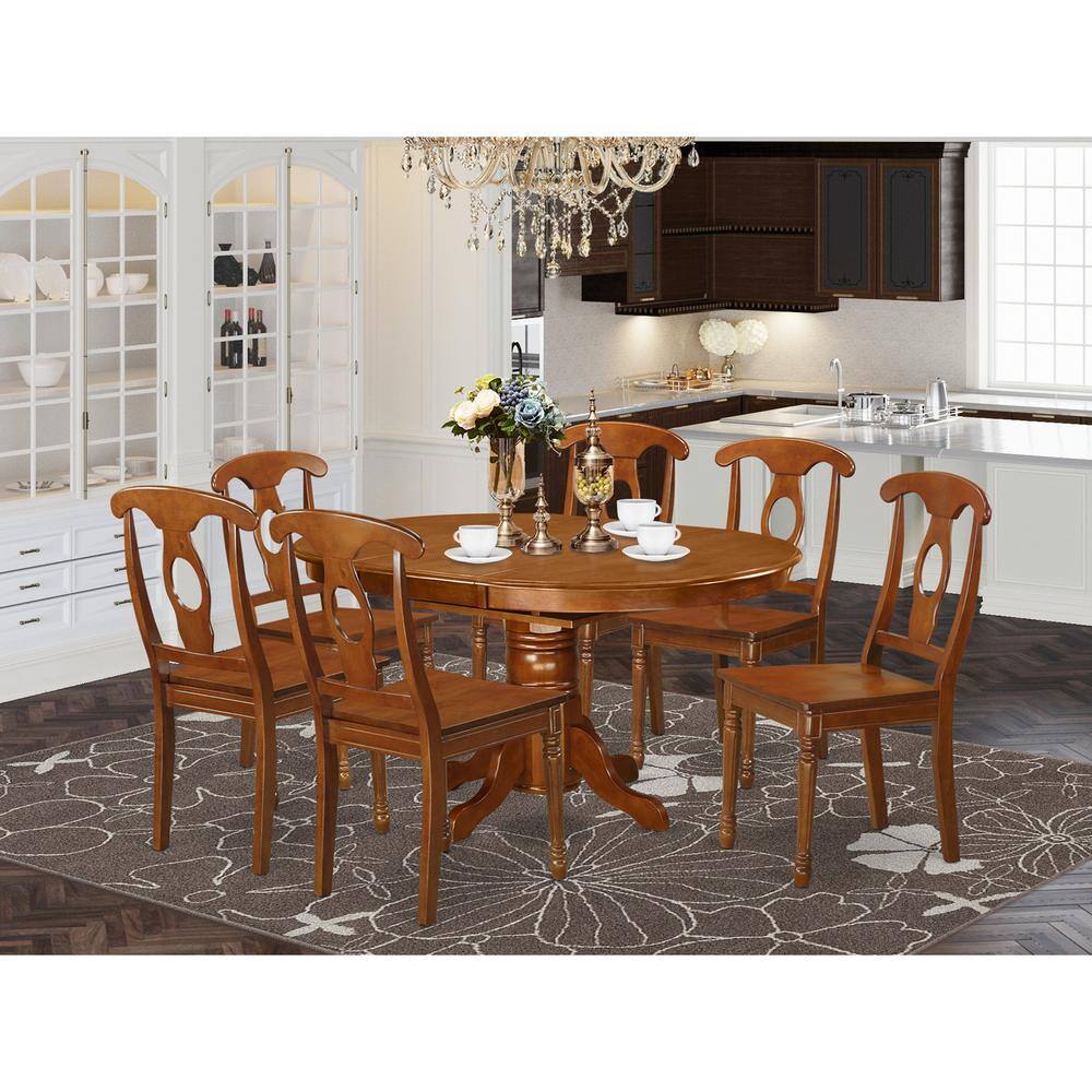 Back. East West Furniture - 7 Pc Dining Table with Leaf and 6 Wood Kitchen Chairs in Saddle Brown - Saddle Brown.