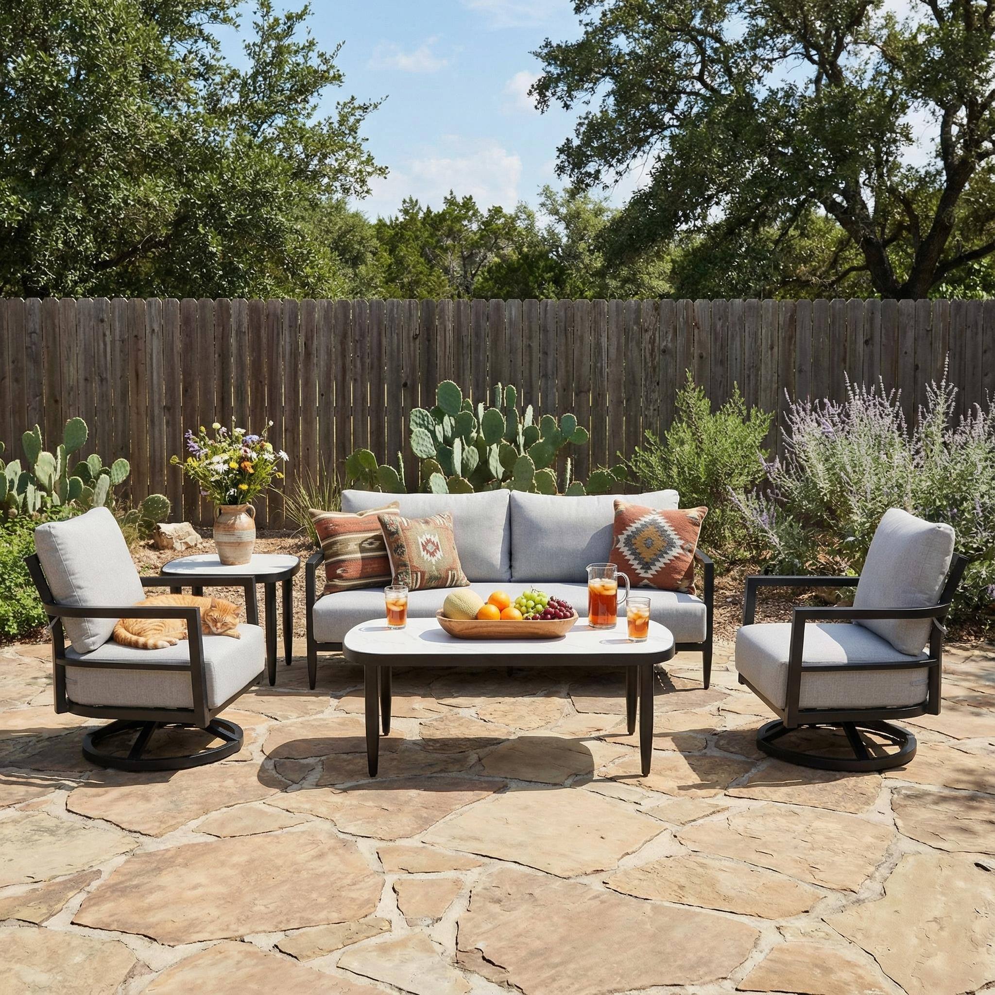 Angle. Mondawe - 5-Piece Outdoor Conversation Set with Swivel Chair, Bench Sofa, Marble-Inspired Tables and Sunbrella Cushions - Ember Black+Grey.