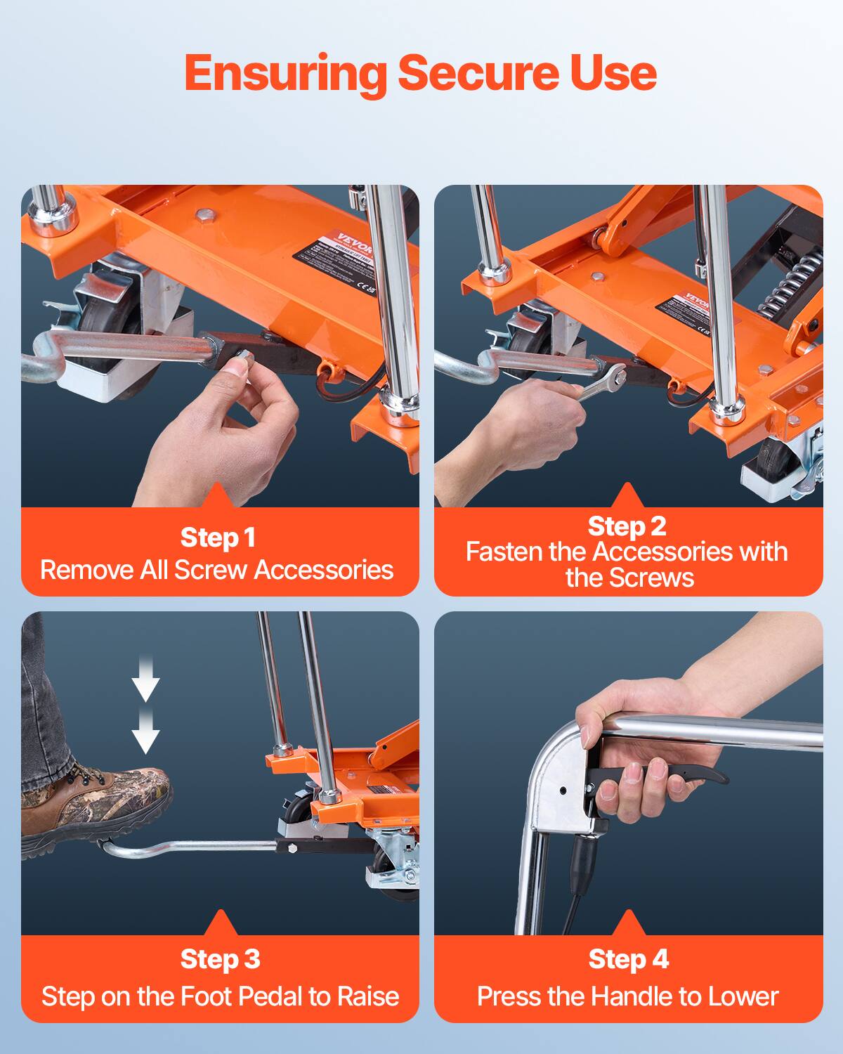 Ensuring Secure Use

Step 1: Remove All Screw Accessories

Step 2: Fasten the Accessories with the Screws

Step 3: Step on the Foot Pedal to Raise

Step 4: Press the Handle to Lower