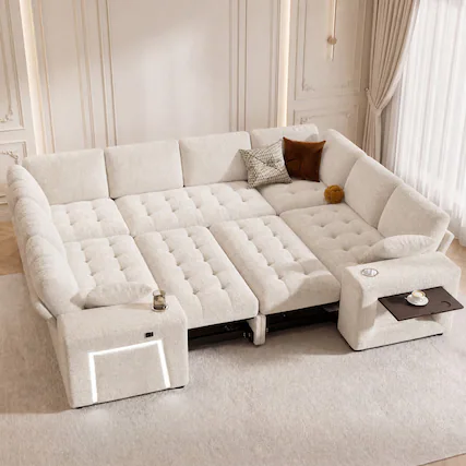 Front. Dyonery - Dyonery 110" Modular Sectional Sleeper Sofa with Pull Out Bed,8 Seat U Shaped Couch with Pull-Out Beds - Beige.