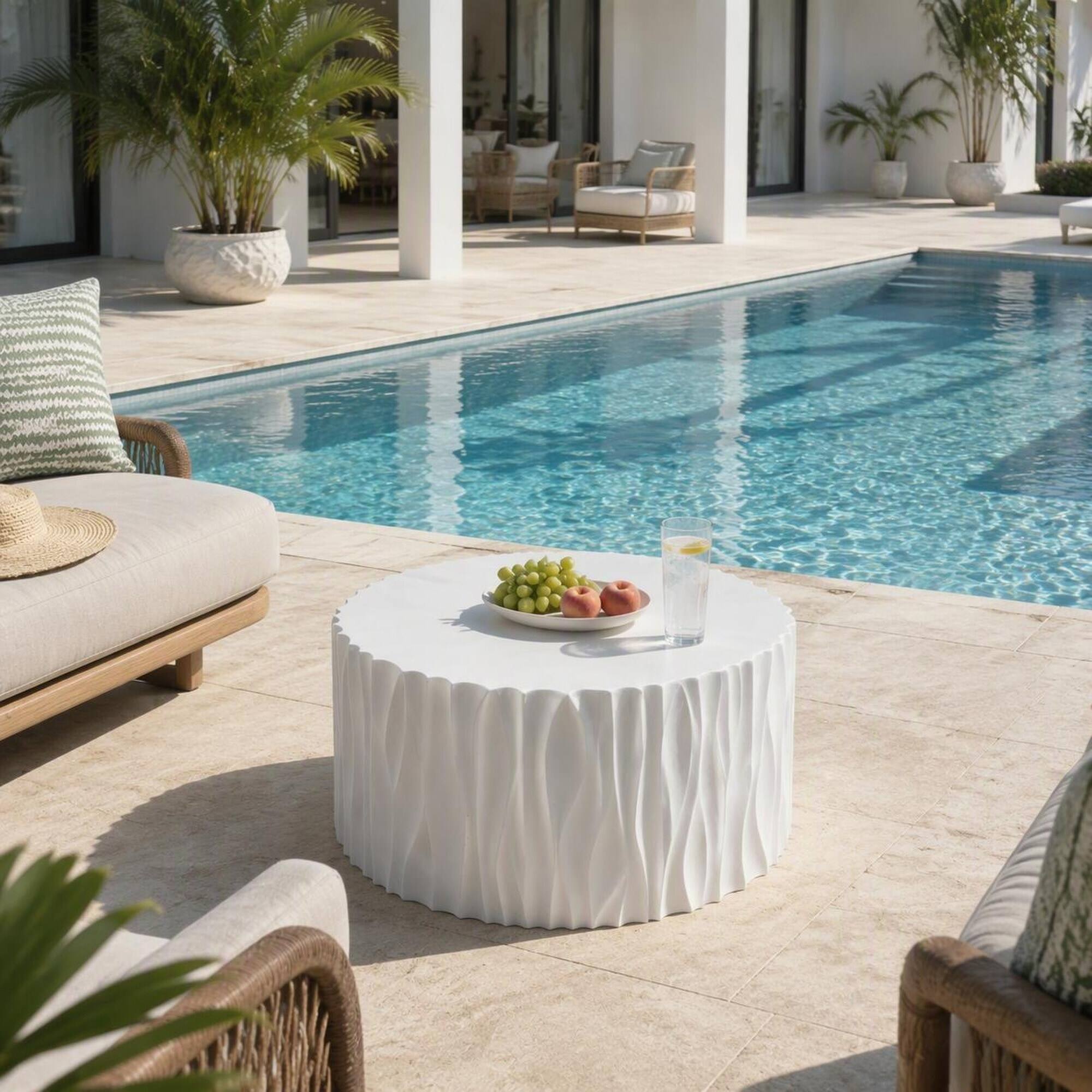 Alt View 1. RYHNUYNE - Modern White Round Outdoor Coffee Table 26.77"with Wavy Fluted Sides,Ready to Use for Patio Garden Balcony - White.
