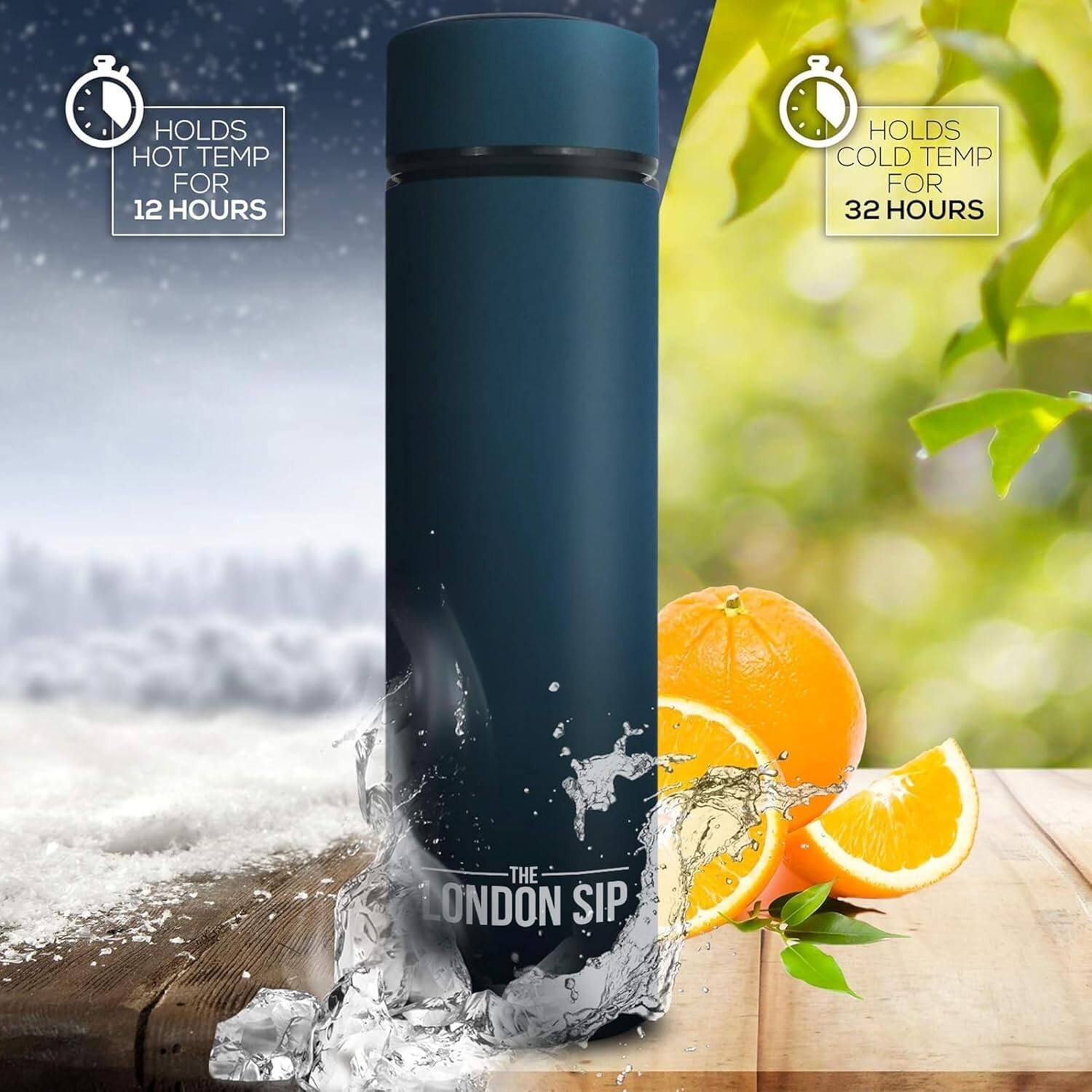 Holds hot temp for 12 hours.  
Holds cold temp for 32 hours.  
The London Sip.