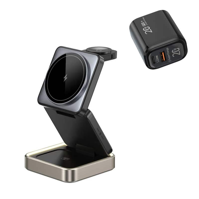 RISOKEYS - Folding Wireless Charger - Phone Wireless Charging Stand, Watch Fast Charger, 3-in-1 Wireless Charger Station - Black