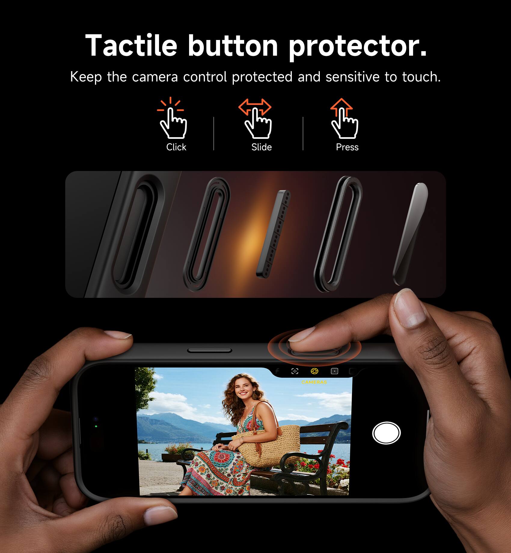 Tactile button protector.  
Keep the camera control protected and sensitive to touch.  
Click Slide Press  
CAMERAS