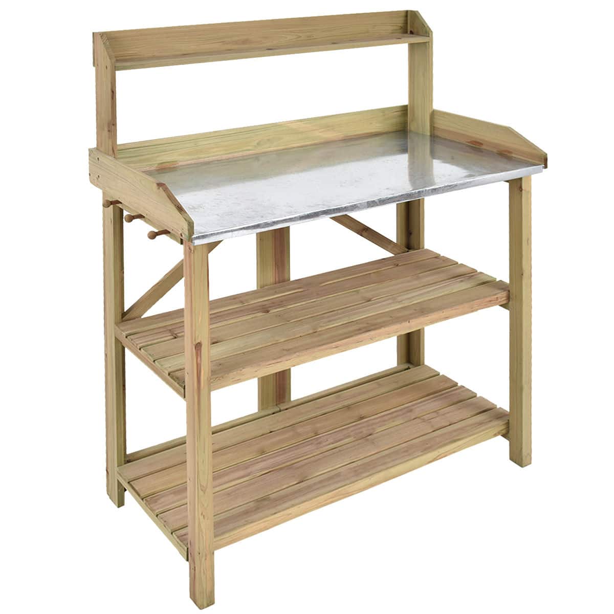 Costway - Outdoor Garden Wooden Potting Work Bench Station Planting Workbench W/ 3 Shelf - Natural