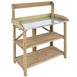 Costway - Outdoor Garden Wooden Potting Work Bench Station Planting Workbench W/ 3 Shelf - Natural