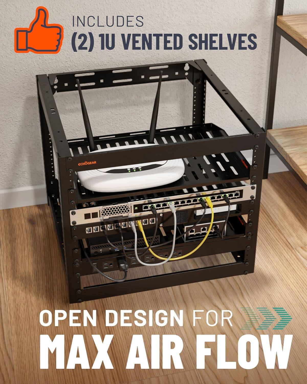 INCLUDES (2) 1U VENTED SHELVES

OPEN DESIGN FOR MAX AIR FLOW