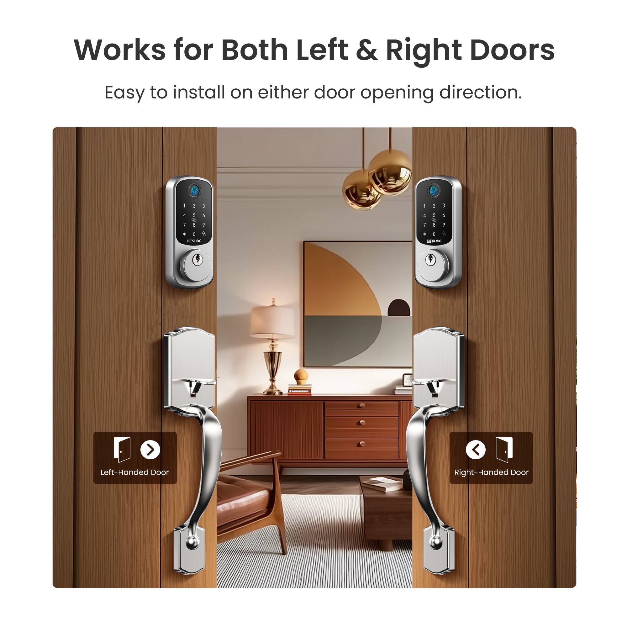 Works for Both Left & Right Doors  
Easy to install on either door opening direction.  

Left-Handed Door  
Right-Handed Door