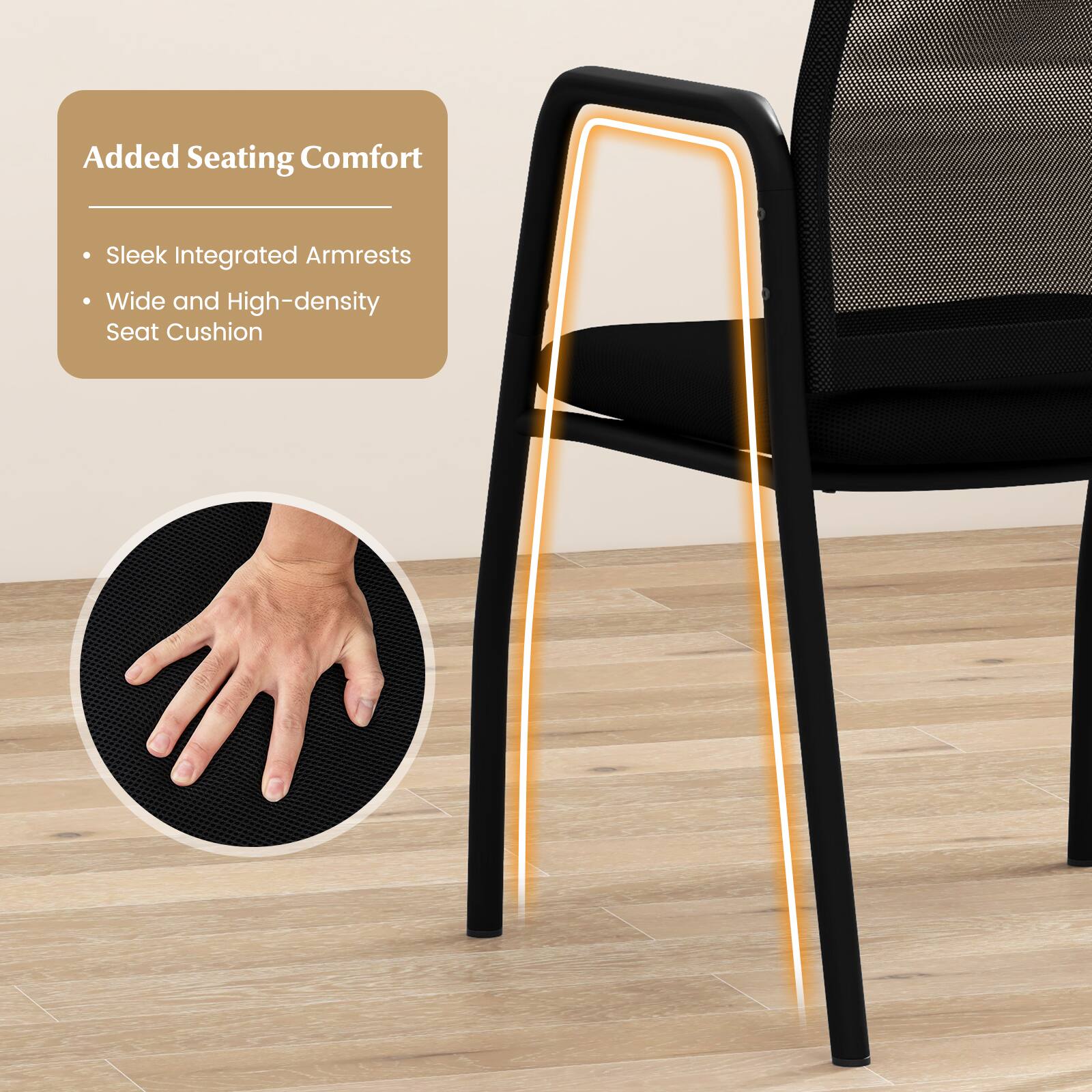 The text on the image reads: "Added Seating Comfort Sleek Integrated Armrests Wide and High-density Seat Cushion".