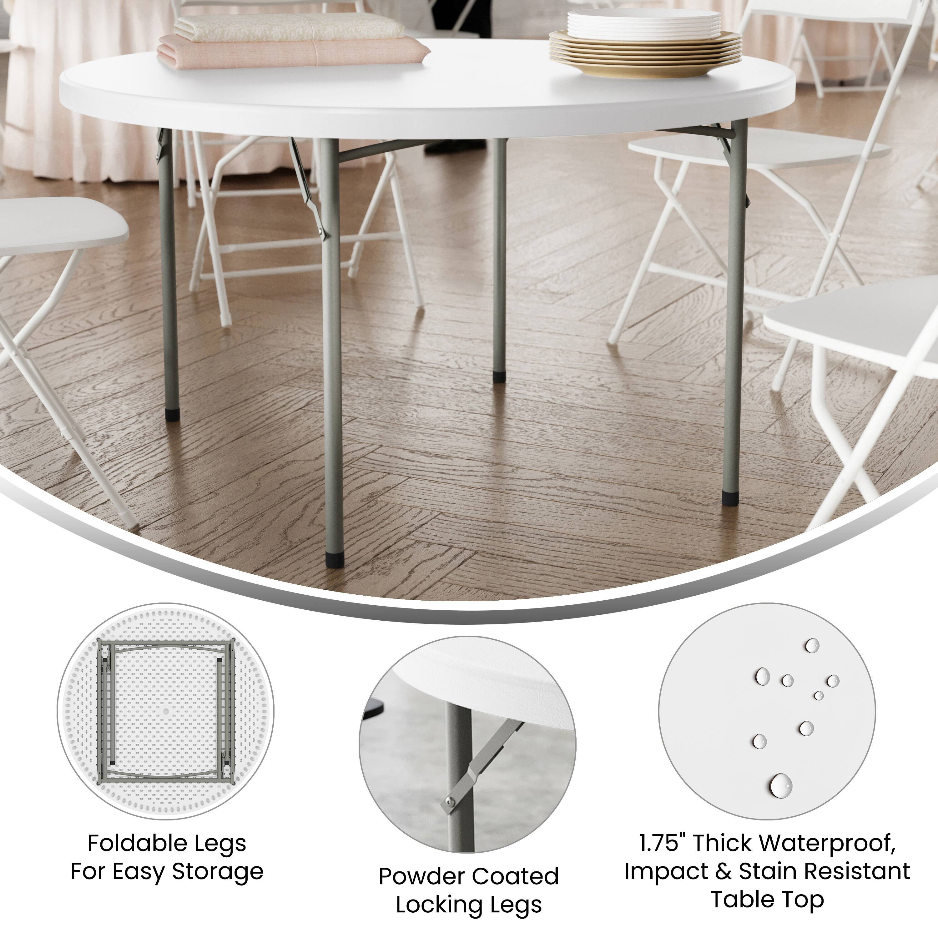 Foldable Legs For Easy Storage  
Powder Coated Locking Legs  
1.75" Thick Waterproof, Impact & Stain Resistant Table Top