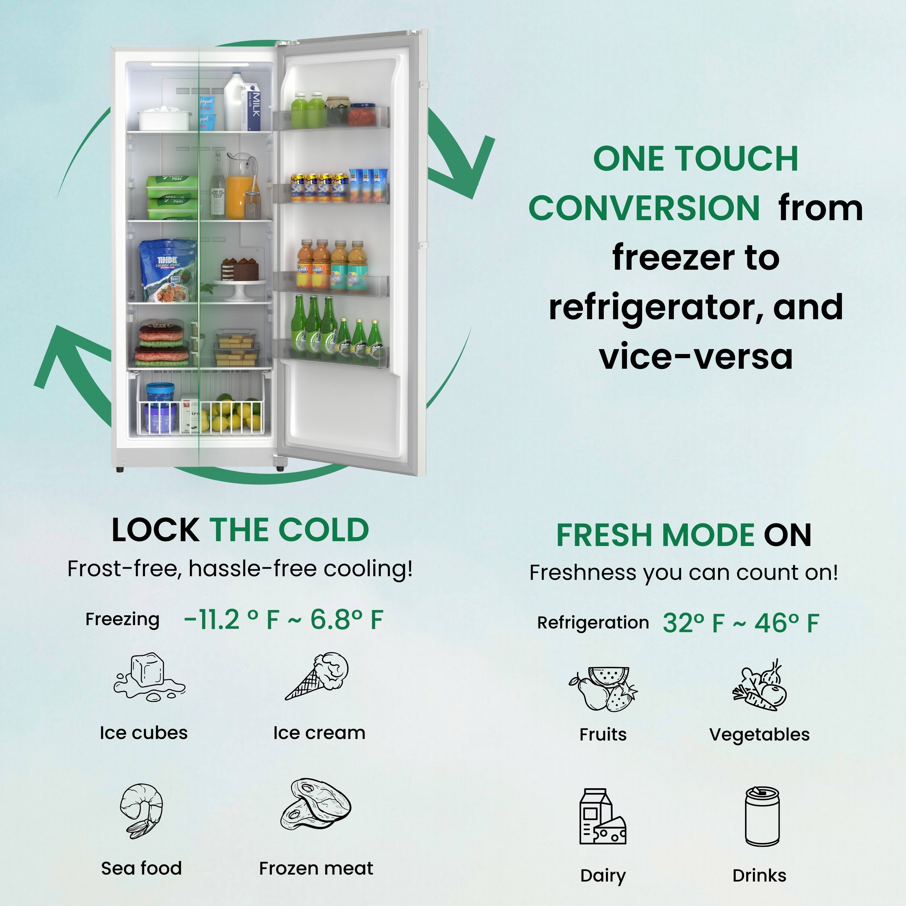 ONE TOUCH CONVERSION from freezer to refrigerator, and vice-versa

LOCK THE COLD
Frost-free, hassle-free cooling!
Freezing -11.2°F ~ 6.8°F
- Ice cubes
- Ice cream
- Sea food
- Frozen meat

FRESH MODE ON
Freshness you can count on!
Refrigeration 32°F ~ 46°F
- Fruits
- Vegetables
- Dairy
- Drinks