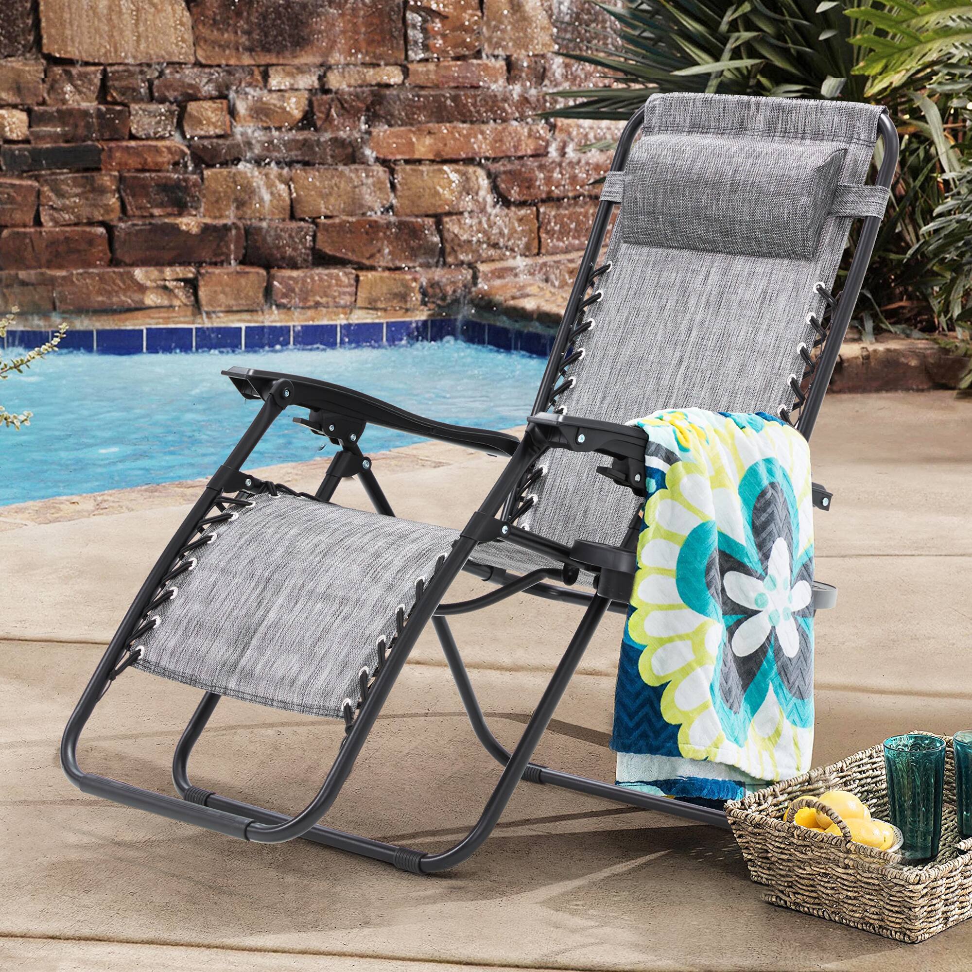 Angle. U-HOMY - Zero Gravity Reclining Lounge Chair Set of 2 Outdoor Folding Recliners with Cup Holder and Weather Resistant Fabric - Ice Grey.