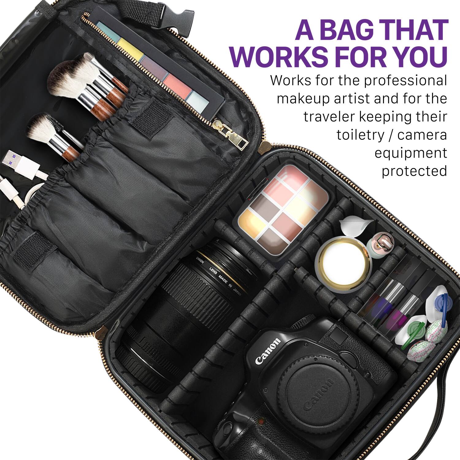 A BAG THAT WORKS FOR YOU

Works for the professional makeup artist and for the traveler keeping their toiletry / camera equipment protected

Canon