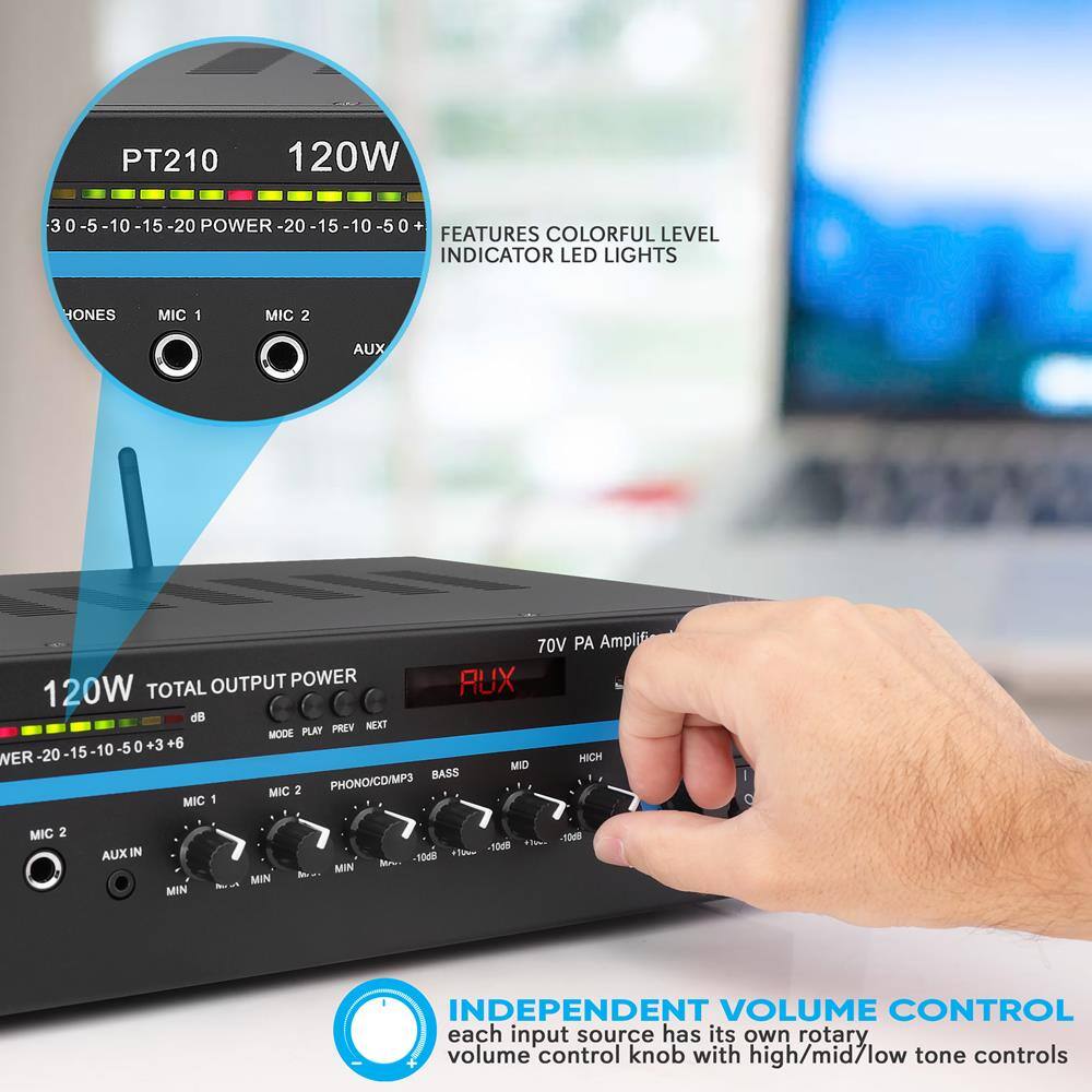PT210  
120W  
3 0 -5 5-10-15 - 10 15 -20 POWER -20 15 10 -5 0 +  
FEATURES COLORFUL LEVEL INDICATOR LED LIGHTS  
HONES MIC 1 MIC 2 AUX  
70V PA Amplifier  
120W TOTAL OUTPUT POWER  
RUX  
-5 0 +3 +6 -20 15 . -10 WER HICH MID BASS 2  
PHONO/CD/P3 MIC MIC 1 I MIC 2 AUX IN MIN MIN L MIN  
1000 -50e -10m8  
INDEPENDENT VOLUME CONTROL  
each input source has its own rotary volume control knob with high/mid/low tone controls
