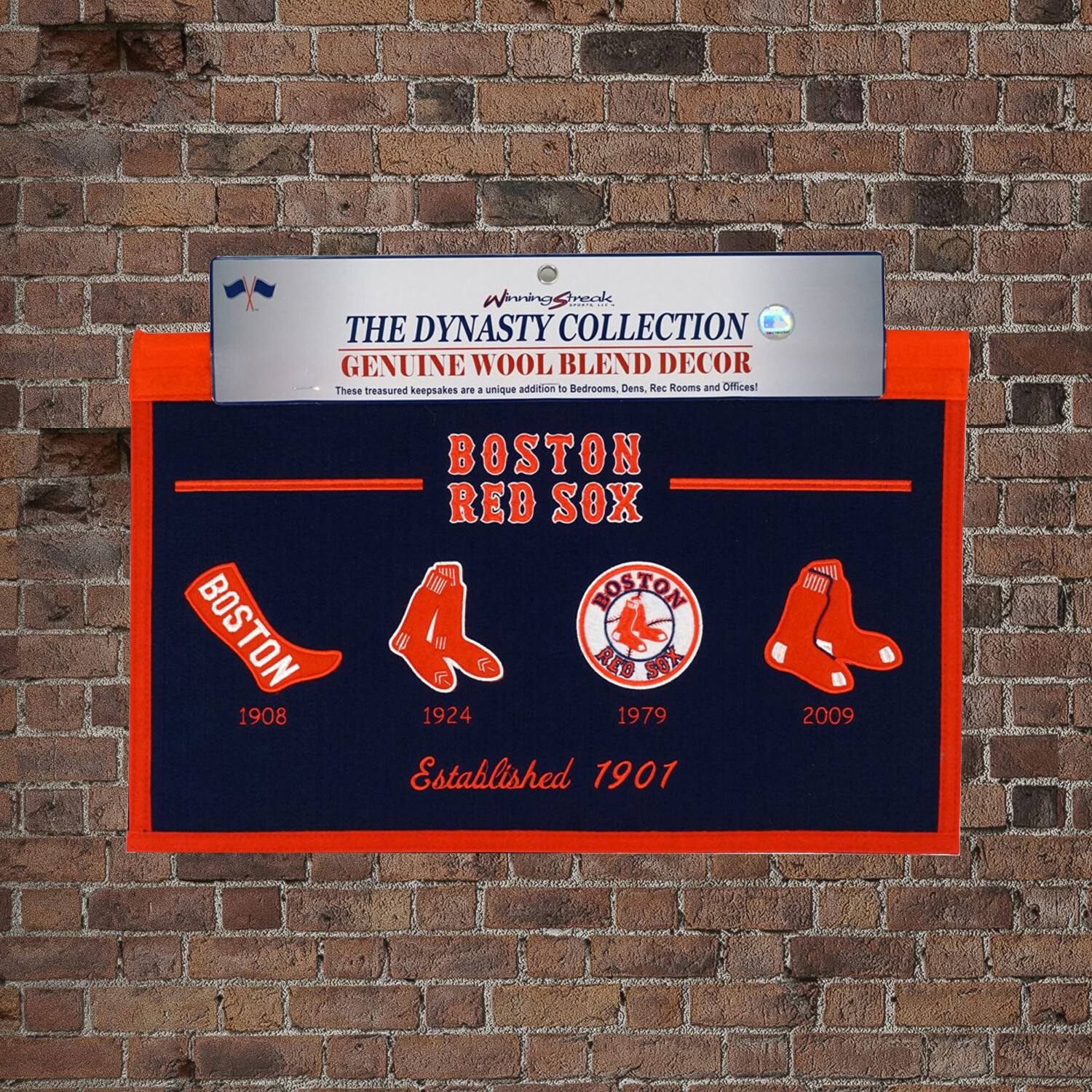 Winning Sneak  
THE DYNASTY COLLECTION  
GENUINE WOOL BLEND DECOR  
These treasured keepsakes are a unique addition to Bedrooms, Dens, Rec Rooms and Offices!  

BOSTON RED SOX  
Established 1901  

BOSTON 1908  
1924  
1979  
2009