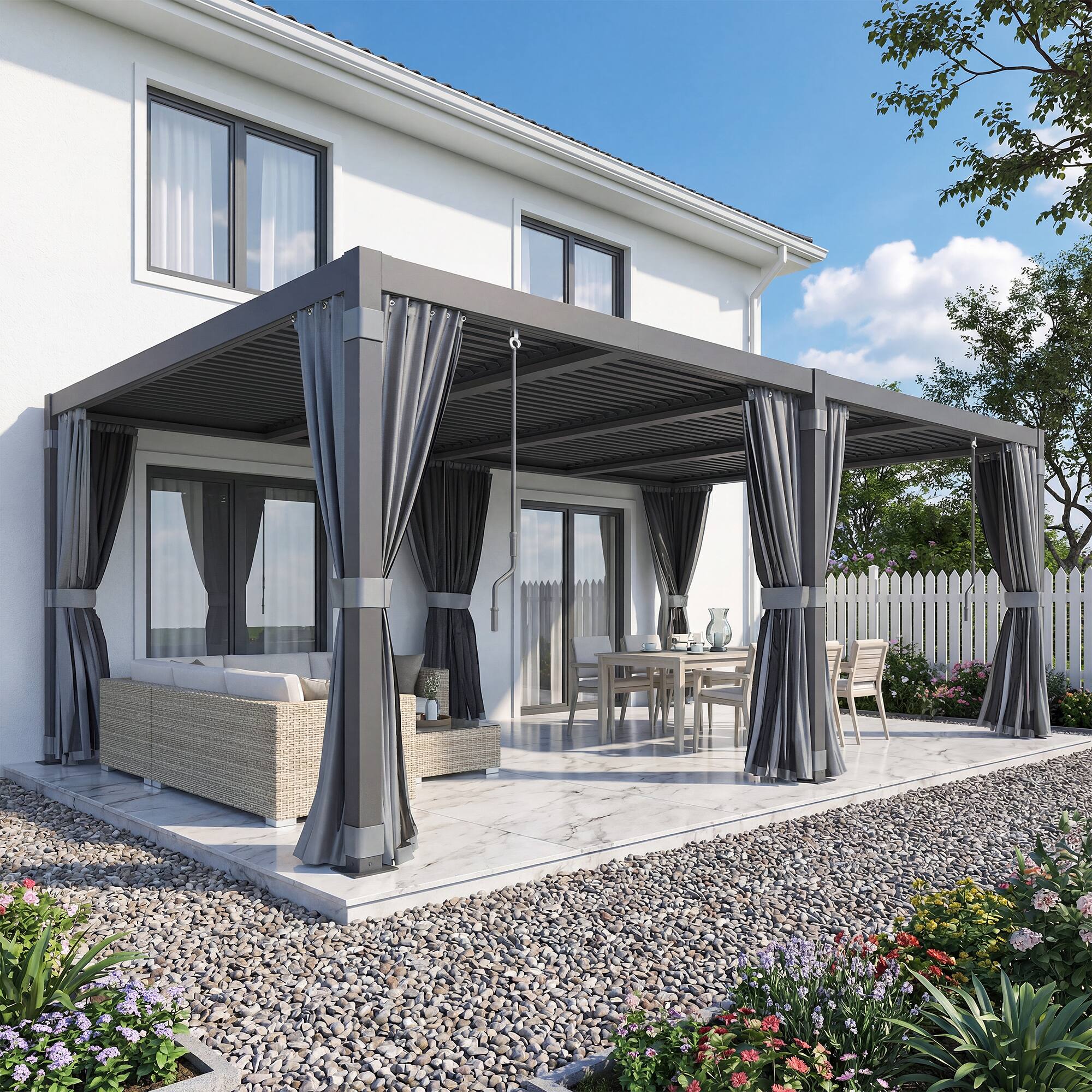 U-HOMY - 12x20 Outdoor Pergola, Louvered Pergola with Adjustable Aluminum Rainproof Roof for Patio, Backyard, Pool party - Black