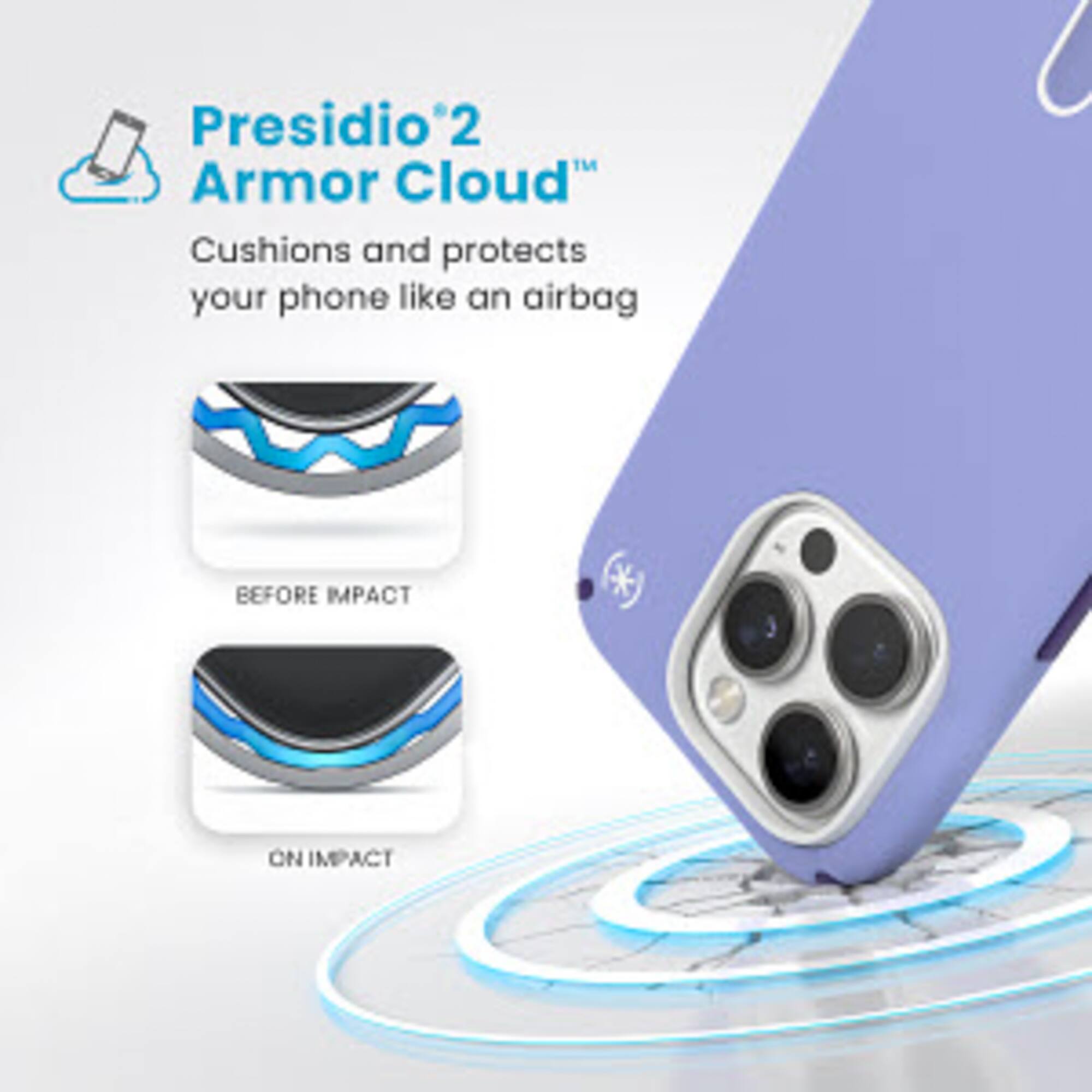 Presidio 2 Armor Cloud: Cushions and protects your phone like an airbag. Before impact. On impact.