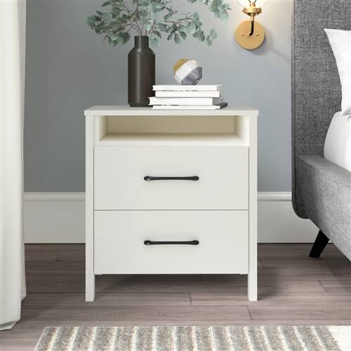 Angle. Hivvago - Modern 2-Drawer Nightstand with Open Shelf in Ivory Wood Finish - Ivory.