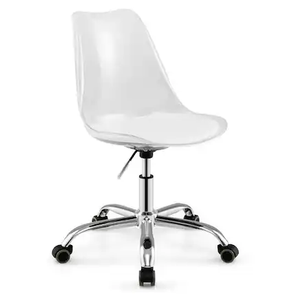 Front. Kadyn - Armless Rolling Office Chair - Swivel Seat, PU Leather Cushion, Clear + White + Silver - White.